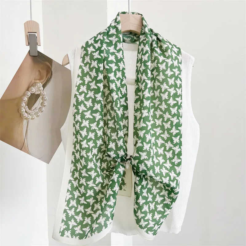 Grass Green Butterfly Print Silk Scarf, Luxurious 100% Double Crepe Silk Scarf - Perfect Gift for Her