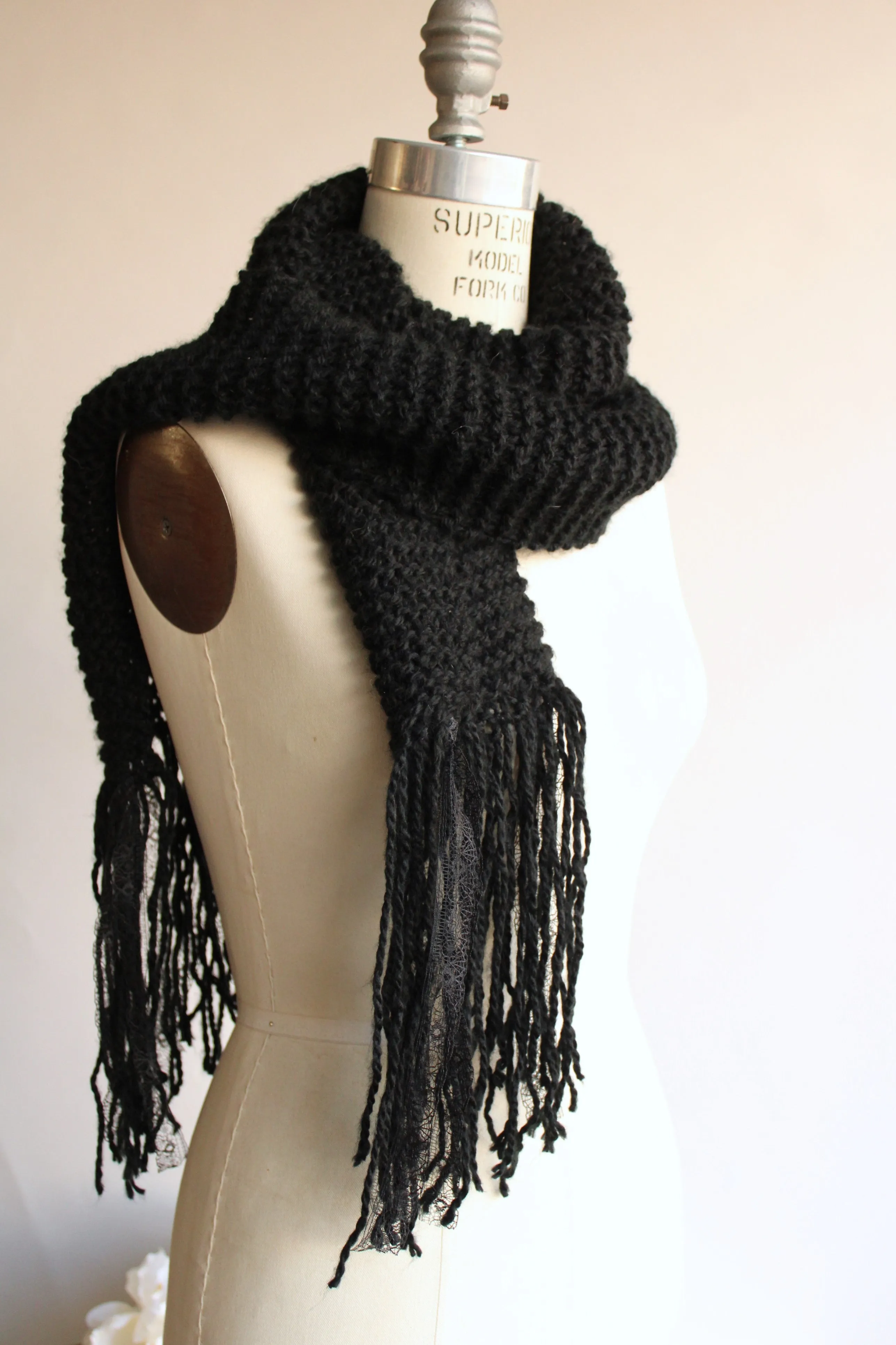 Handknit "The Peculiar" Black HandKnit  Scarf With Lace Fringe