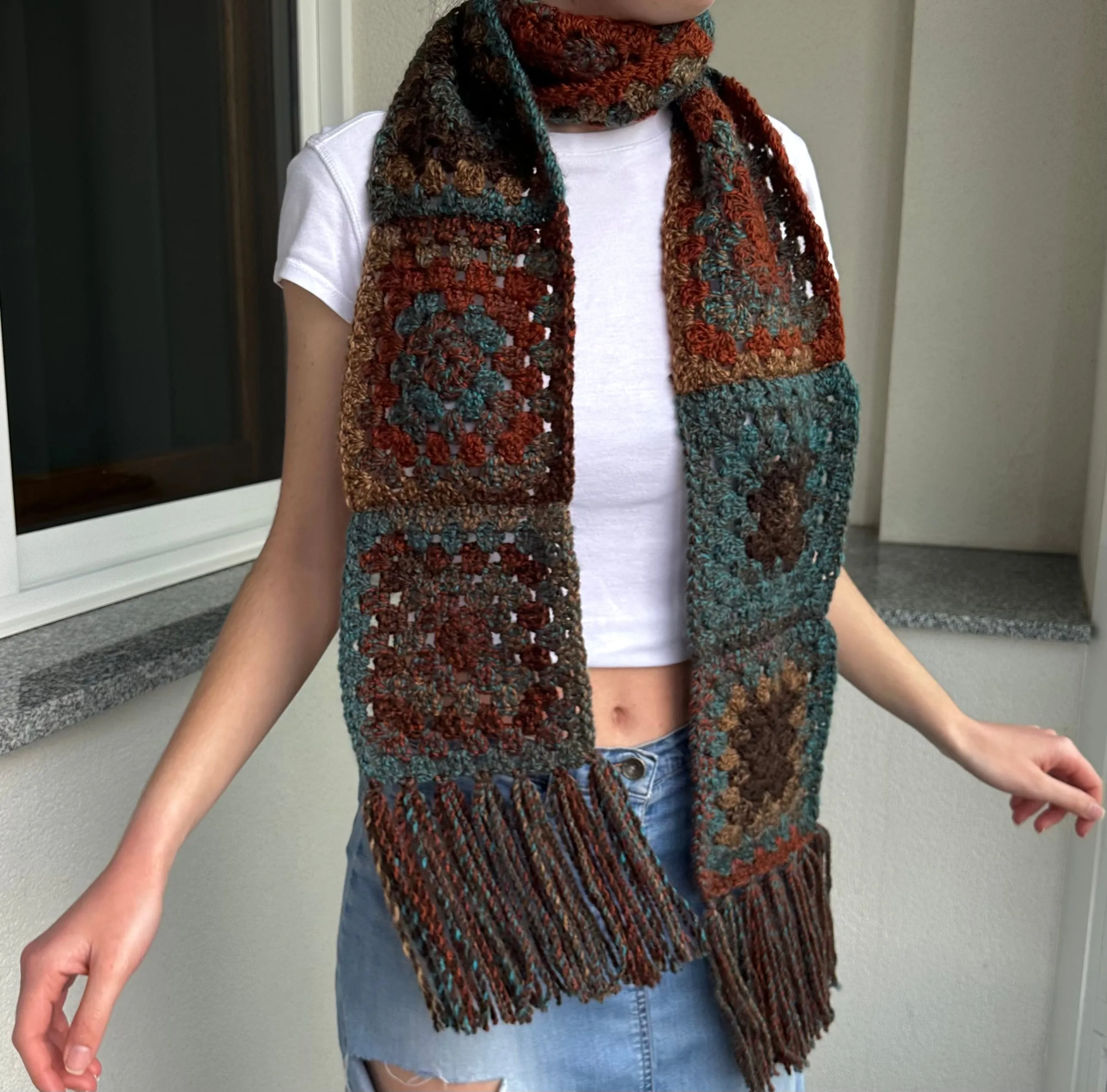 Handmade brown and blue tassel crochet scarf