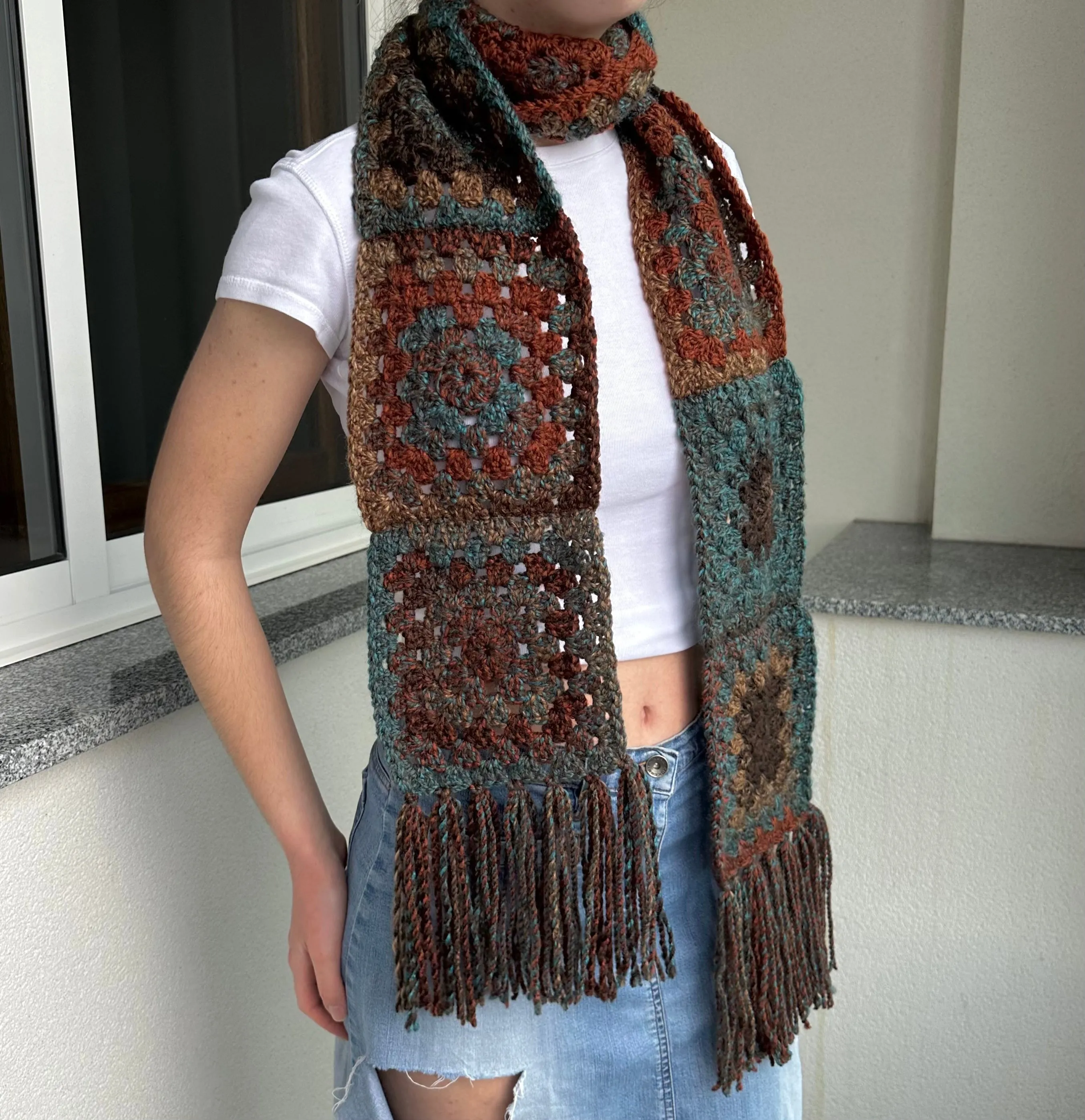 Handmade brown and blue tassel crochet scarf