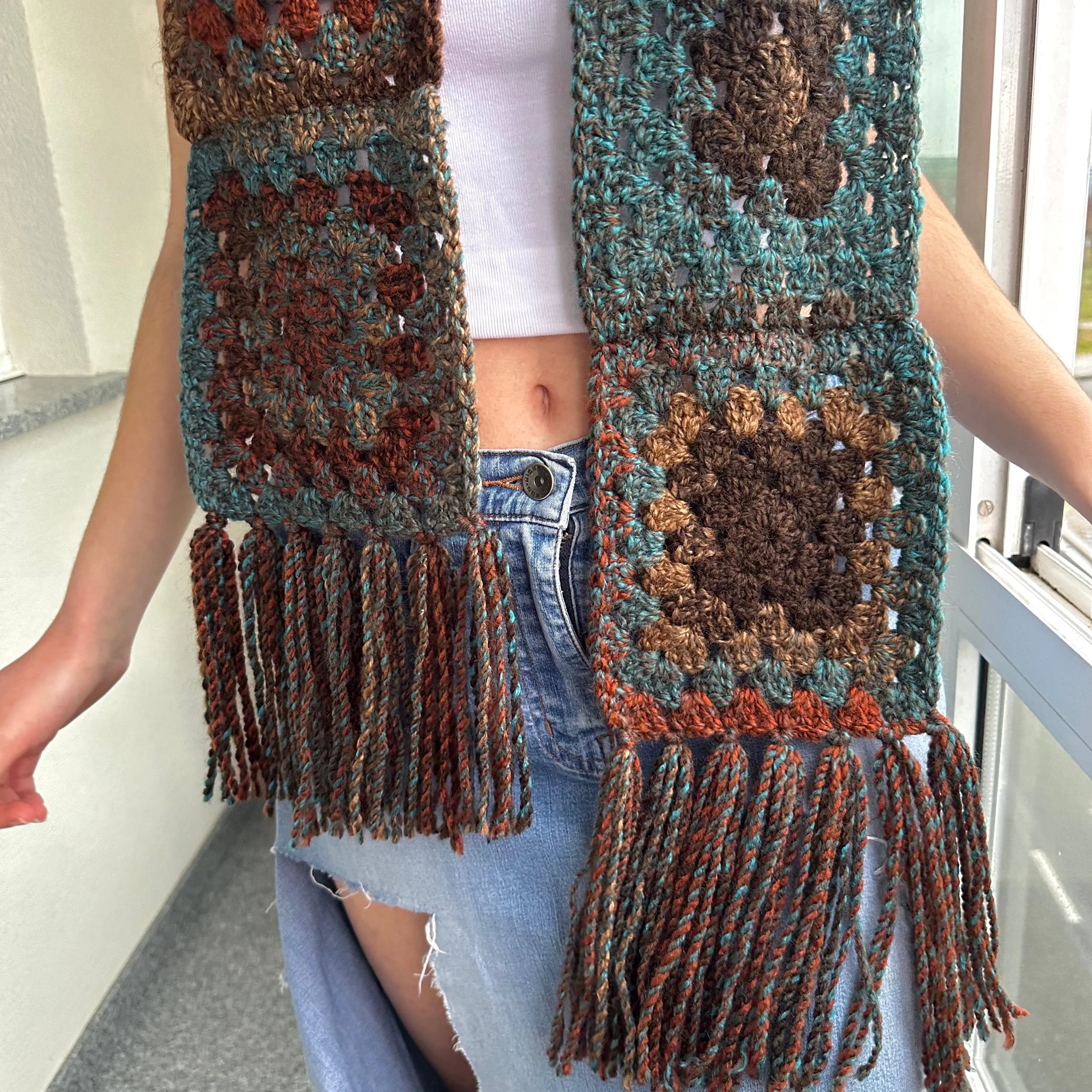 Handmade brown and blue tassel crochet scarf