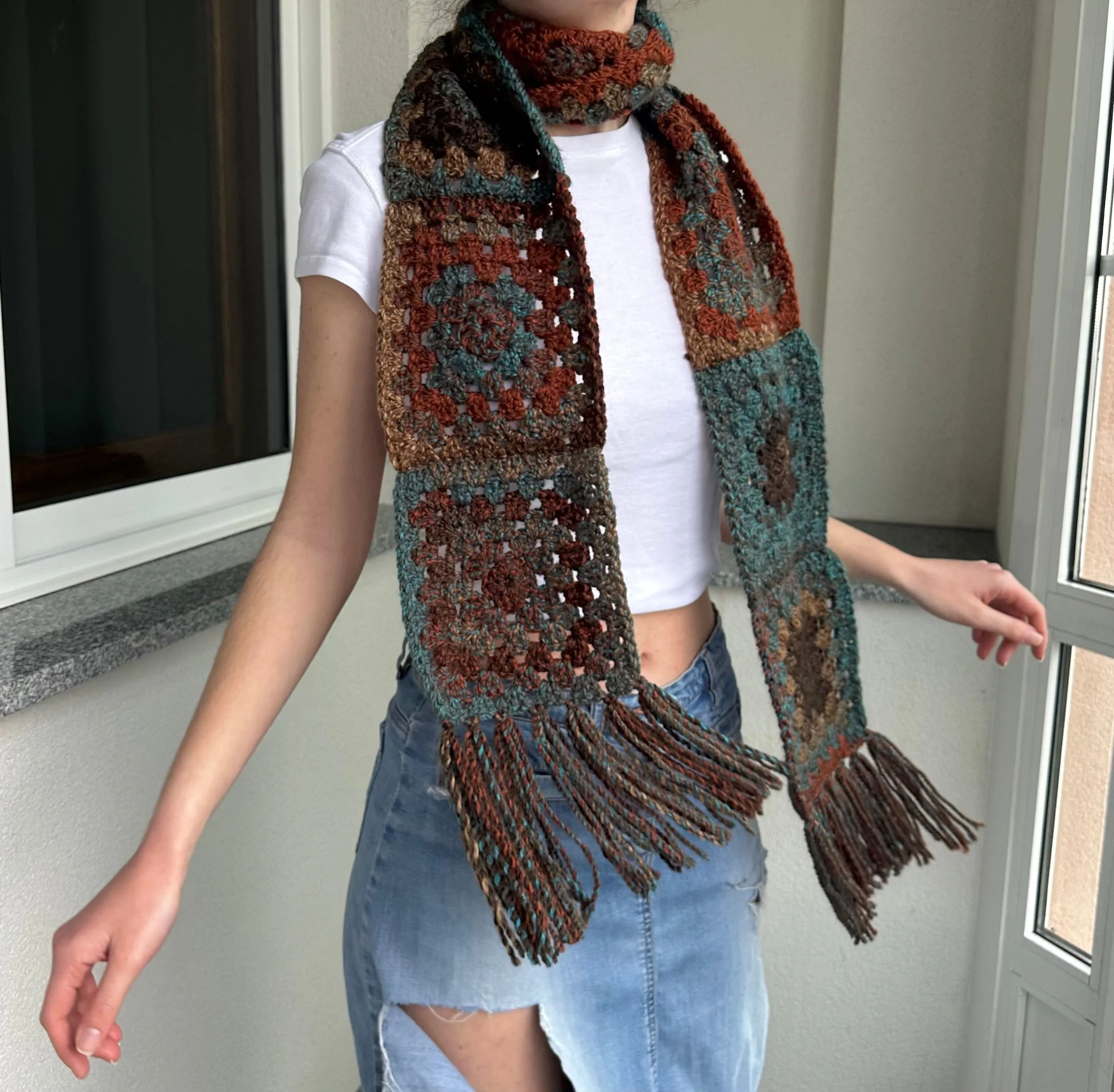 Handmade brown and blue tassel crochet scarf