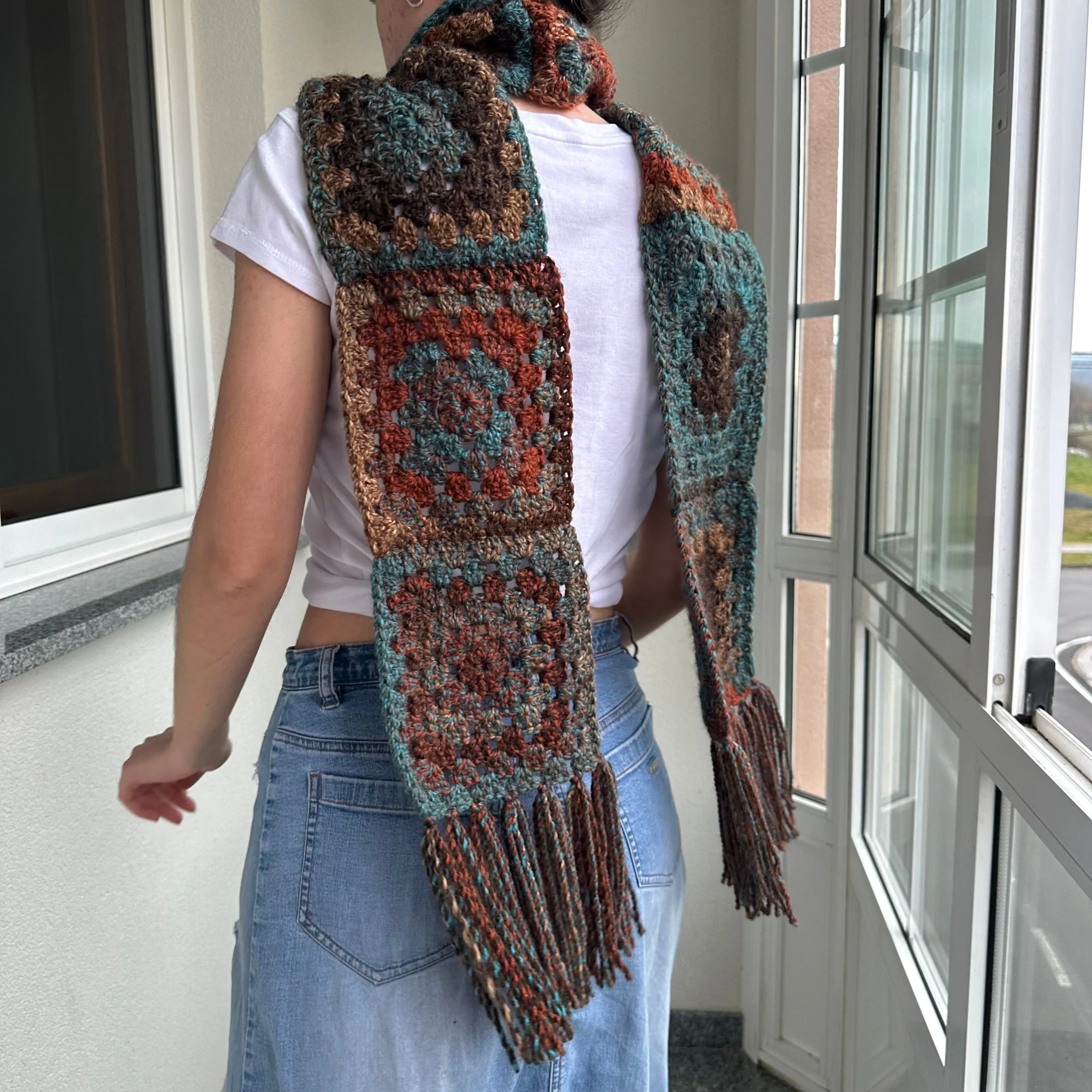 Handmade brown and blue tassel crochet scarf