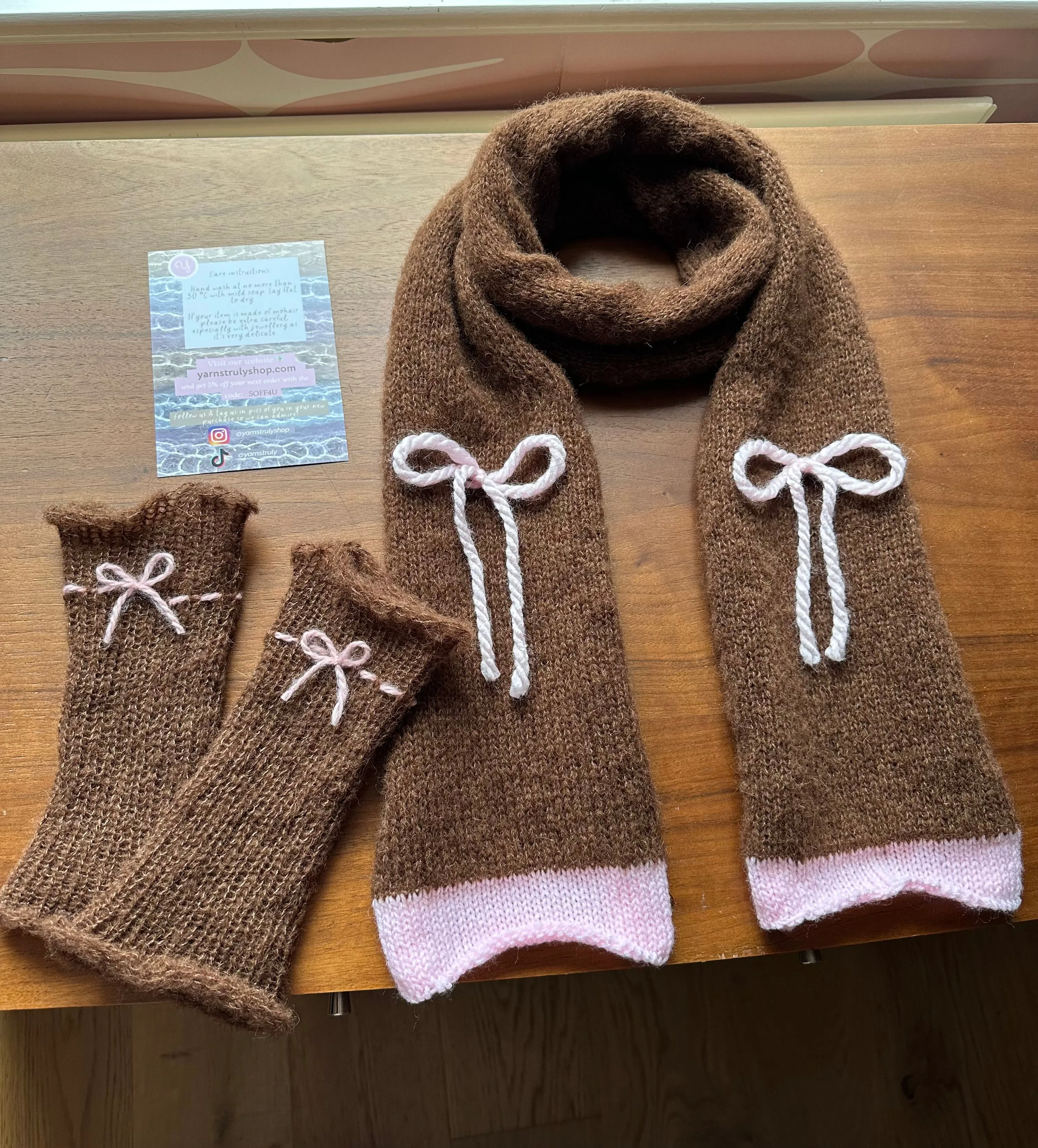 Handmade knitted brown and baby pink mohair bow scarf