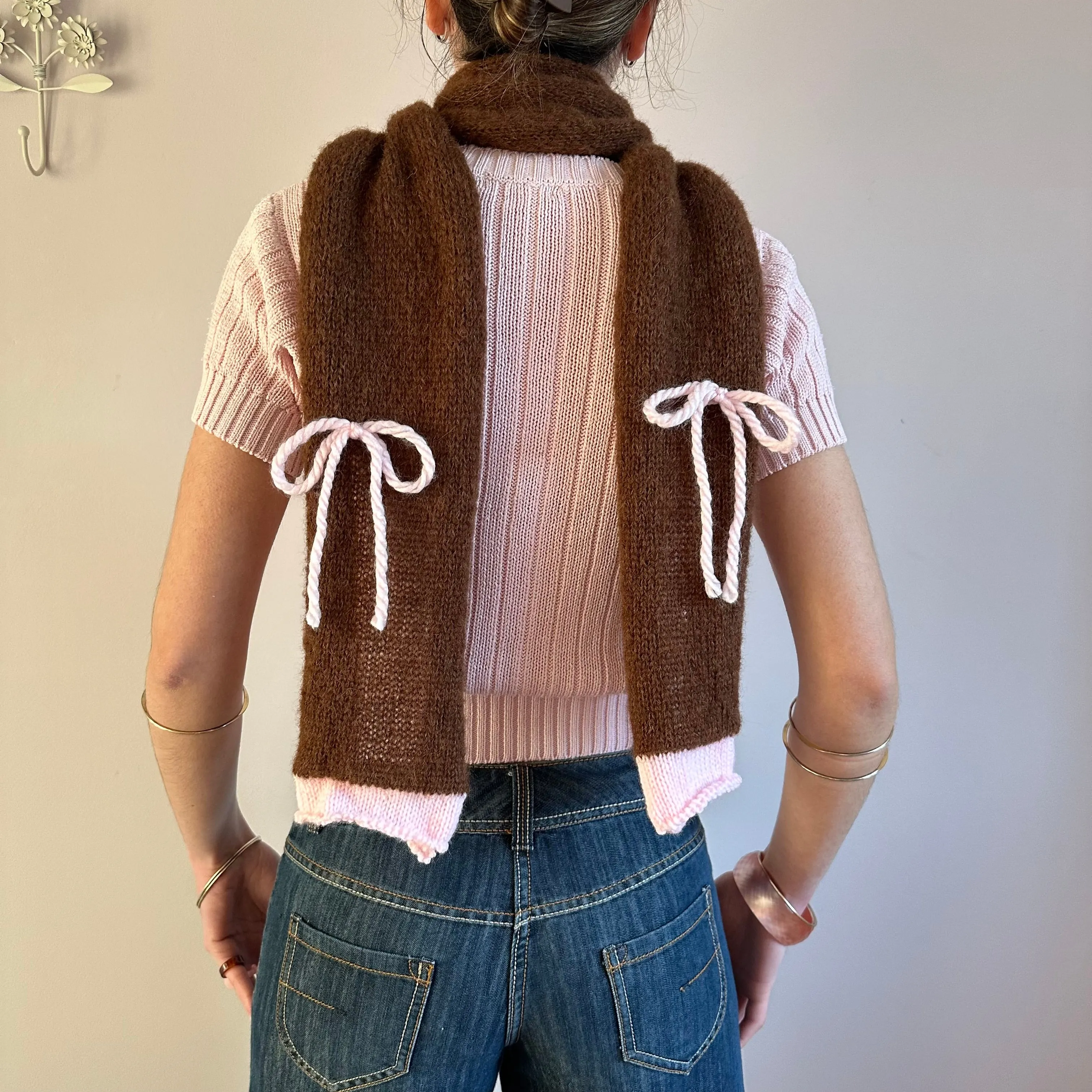 Handmade knitted brown and baby pink mohair bow scarf