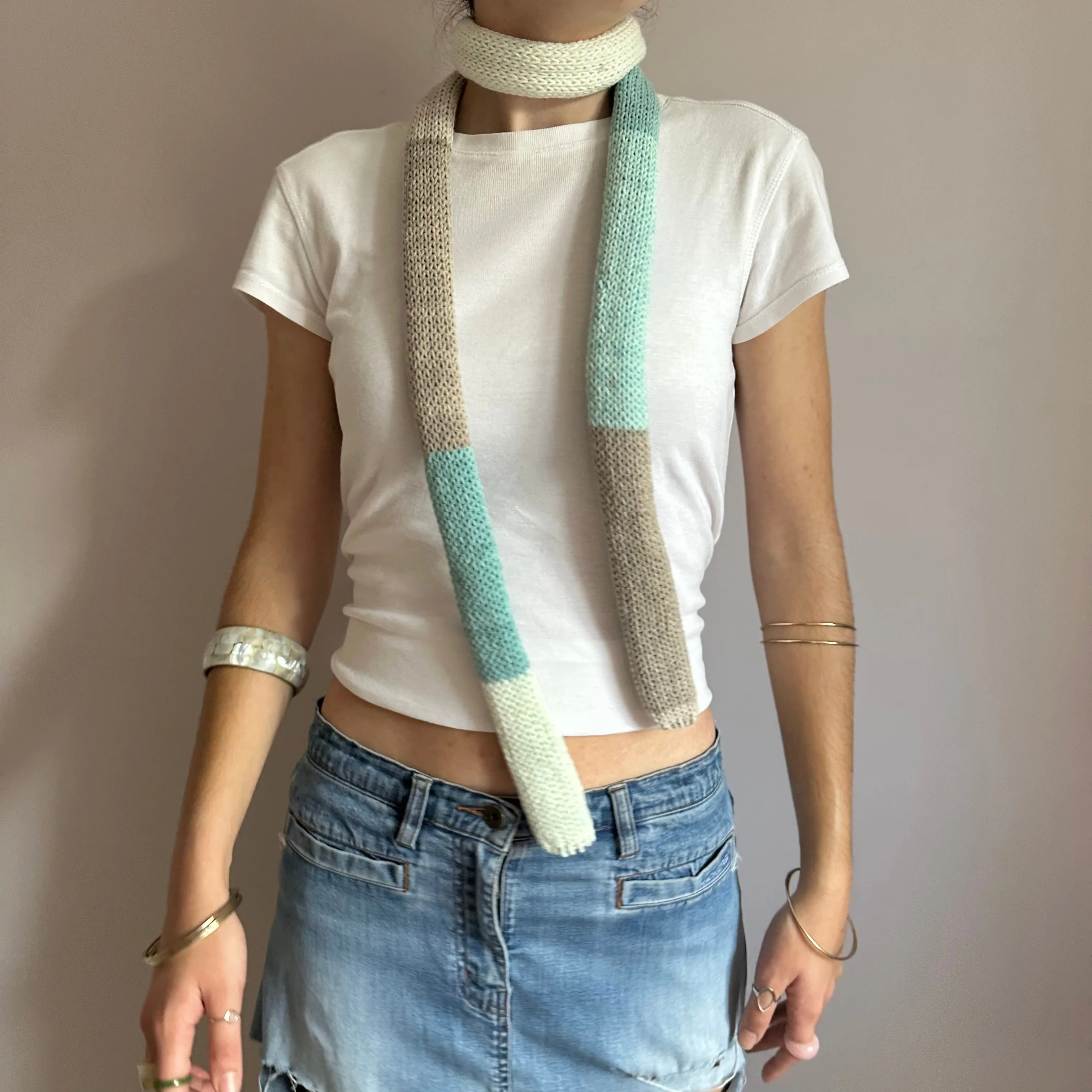 Handmade knitted colour block skinny scarf in baby blue, cream and beige