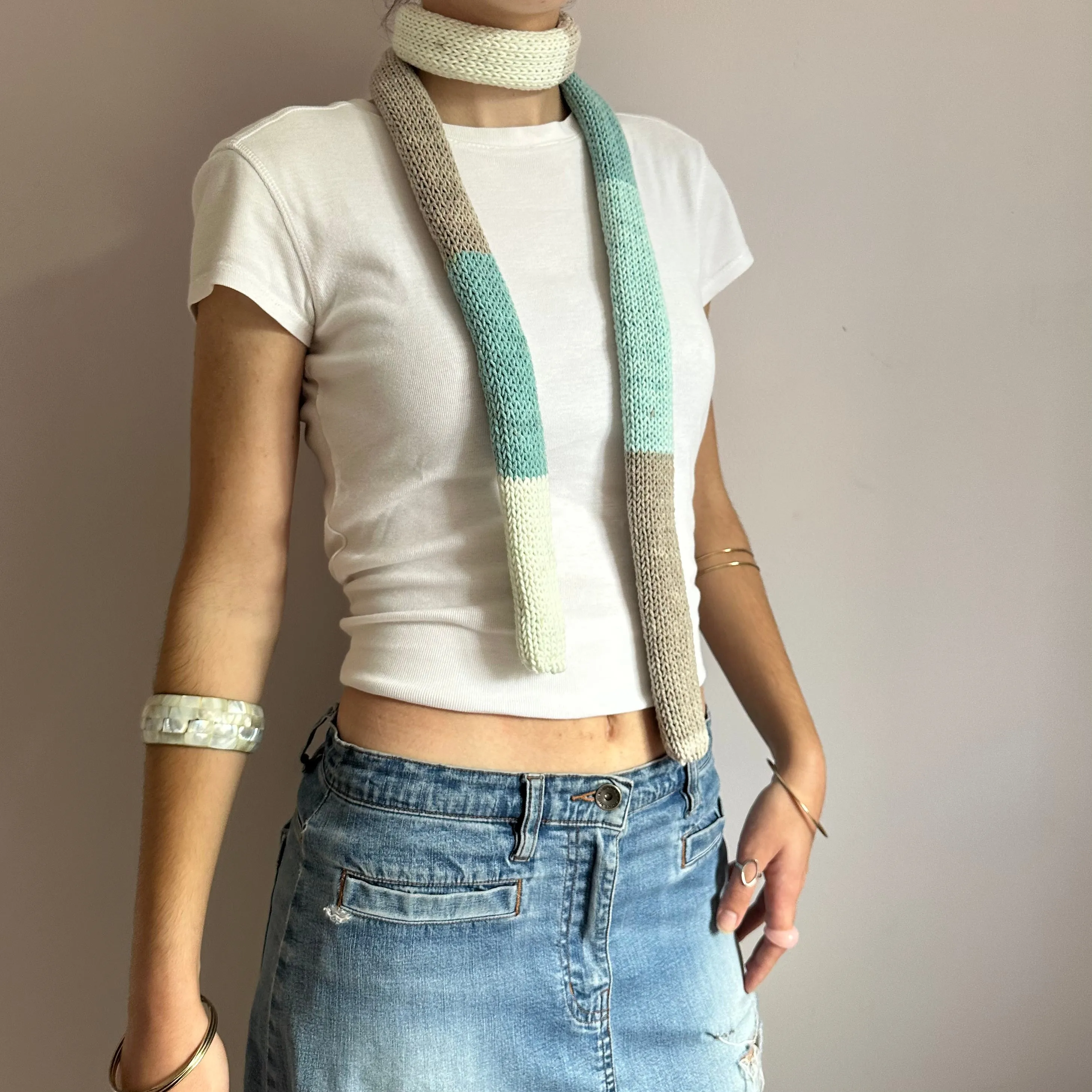 Handmade knitted colour block skinny scarf in baby blue, cream and beige