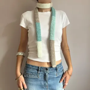 Handmade knitted colour block skinny scarf in baby blue, cream and beige