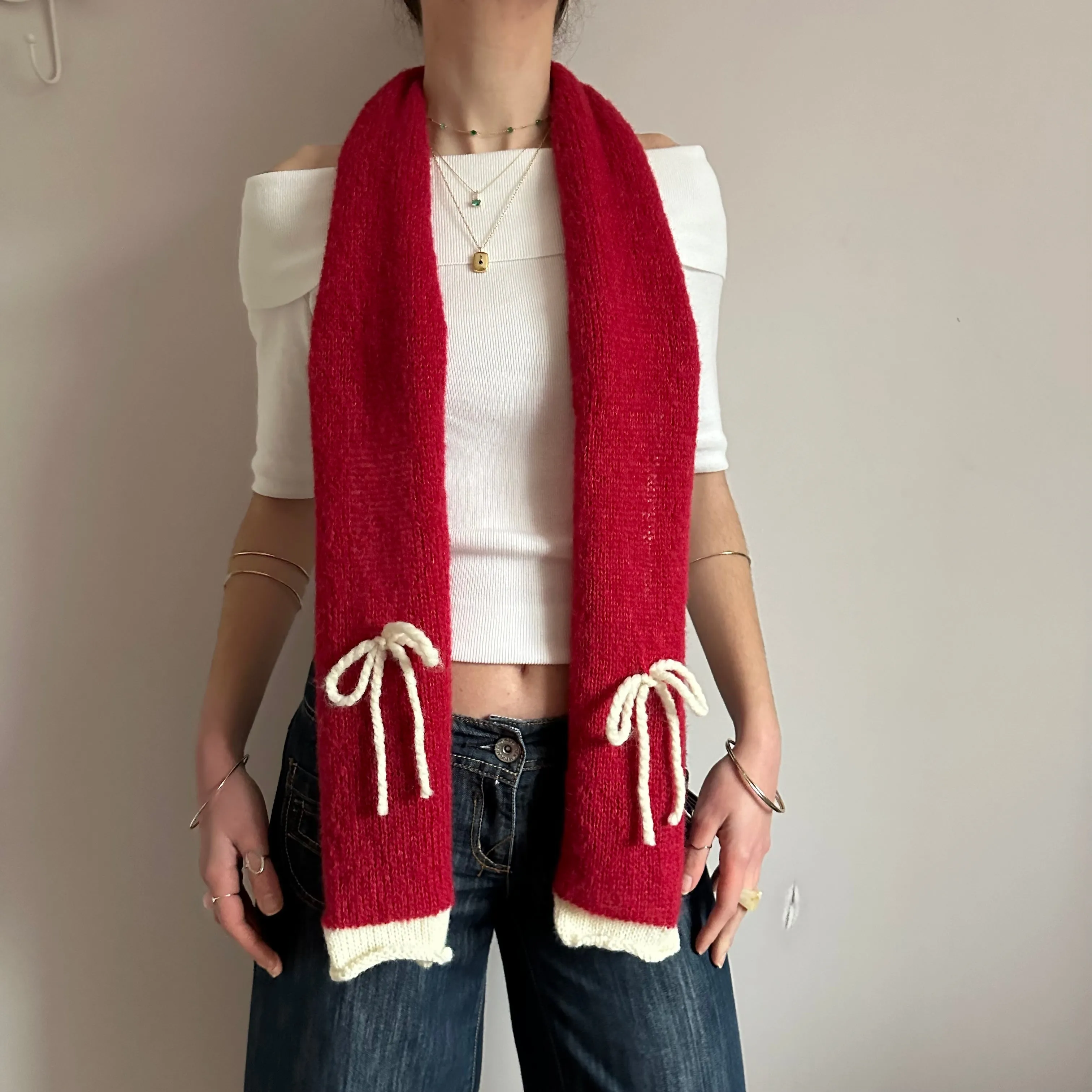 Handmade knitted red and cream mohair bow scarf