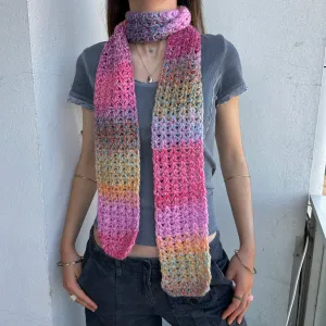 Handmade multicoloured ombré crochet scarf in pink, purple, orange and yellow