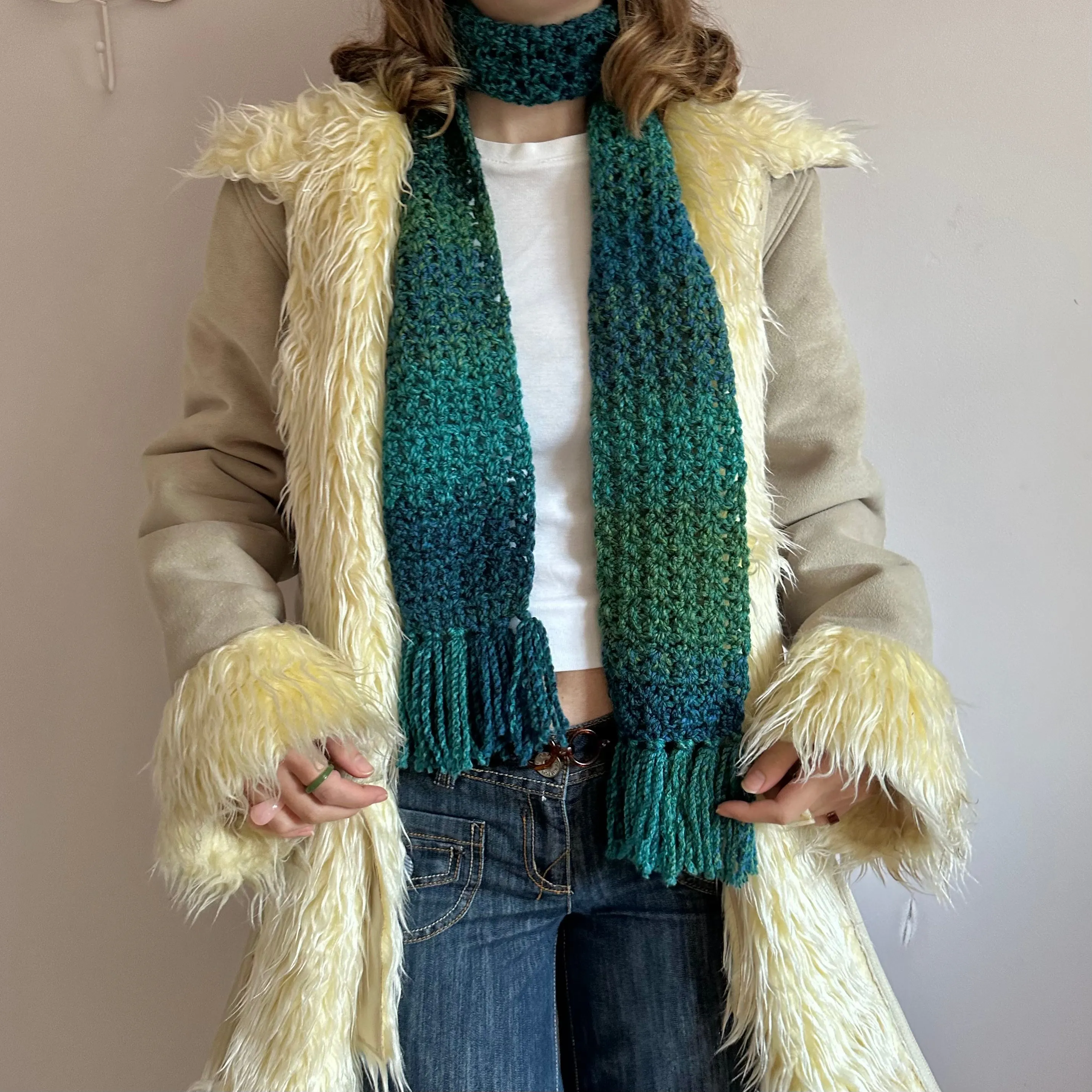 Handmade ombré blue and green tassel crochet scarf