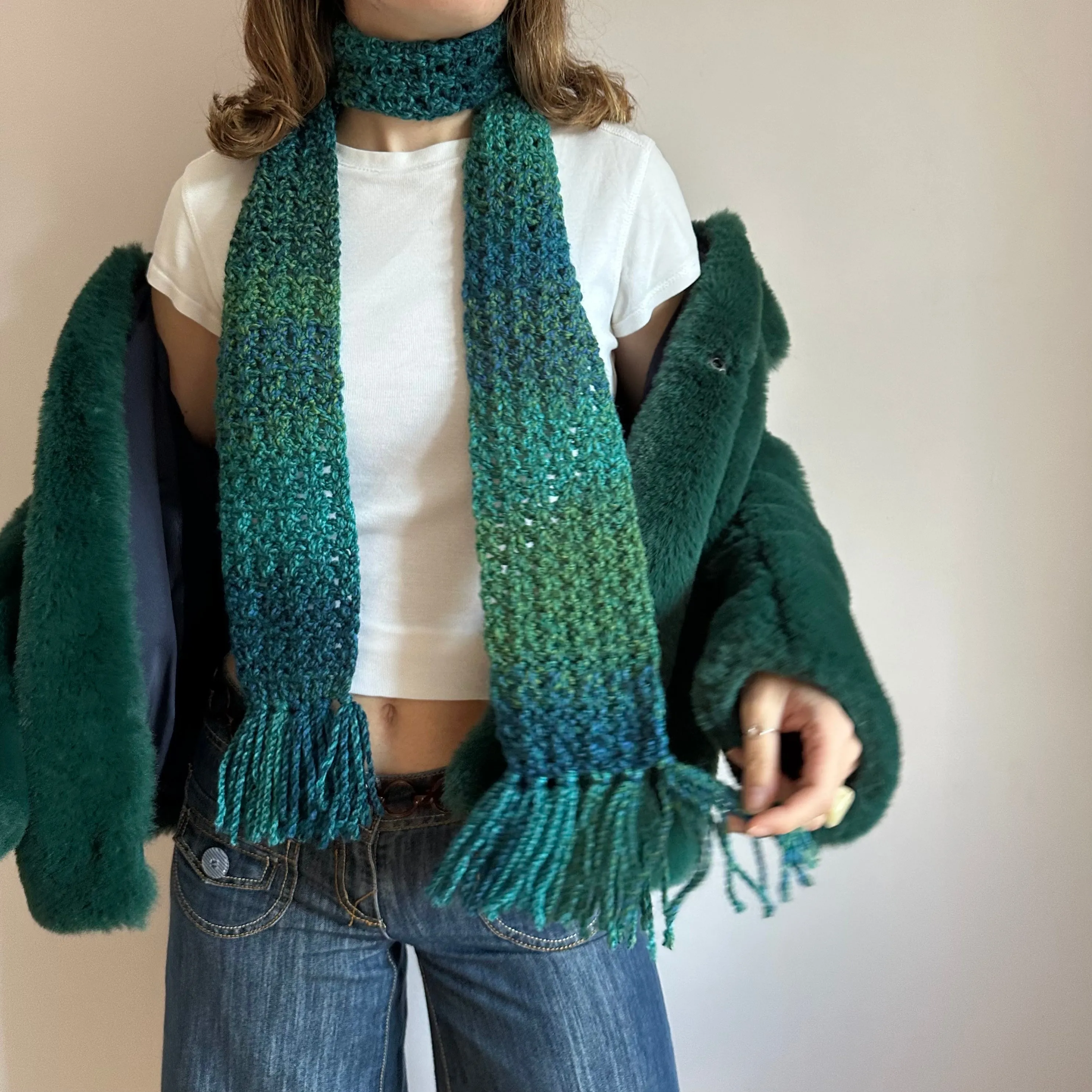 Handmade ombré blue and green tassel crochet scarf