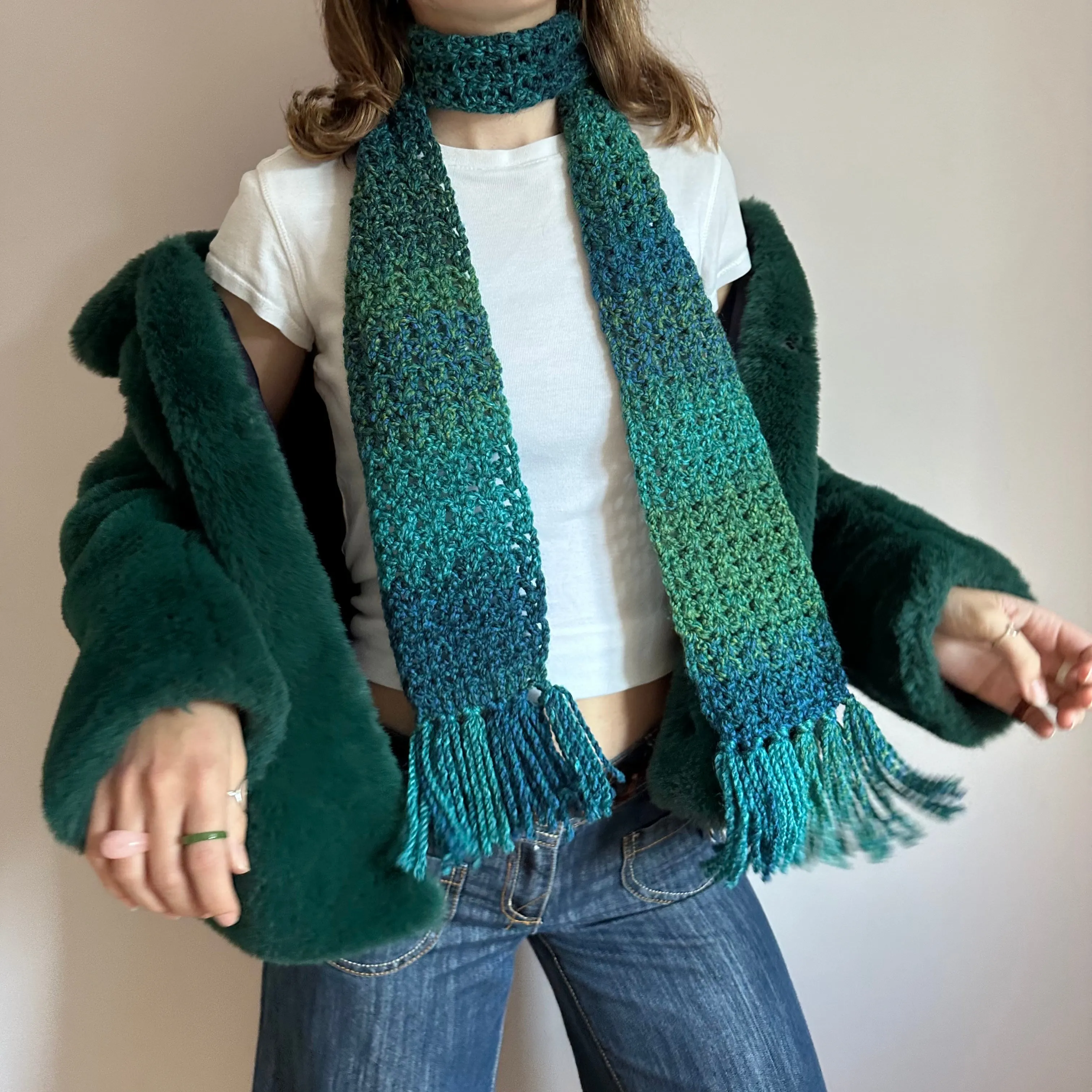 Handmade ombré blue and green tassel crochet scarf