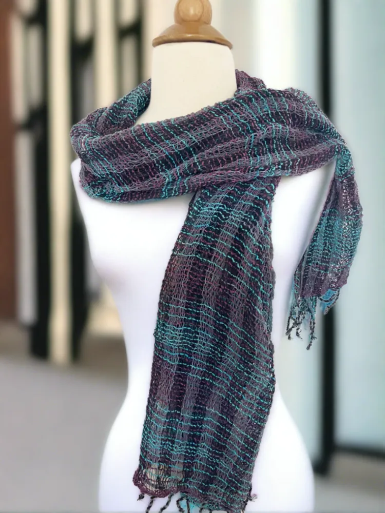 Handwoven Open Weave Cotton Scarf - Black Turquoise Plum