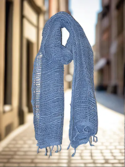 Handwoven Open Weave Cotton Scarf - Coronet Blue