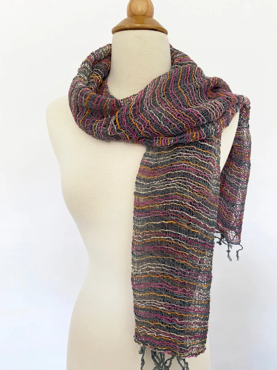 Handwoven Open Weave Cotton Scarf - Multi Grey