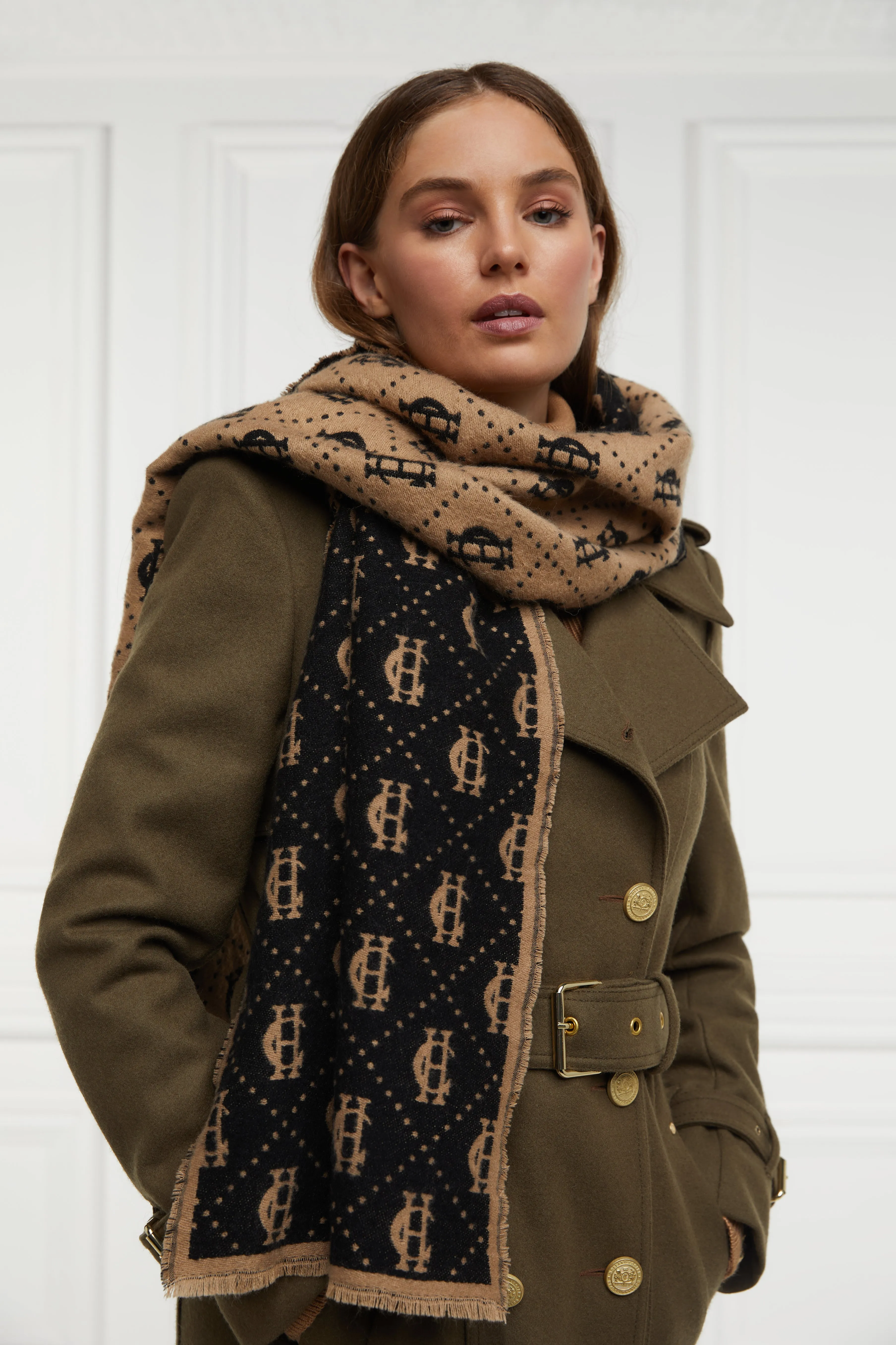 Holland Cooper Lightweight Monogram Scarf in Tan Black