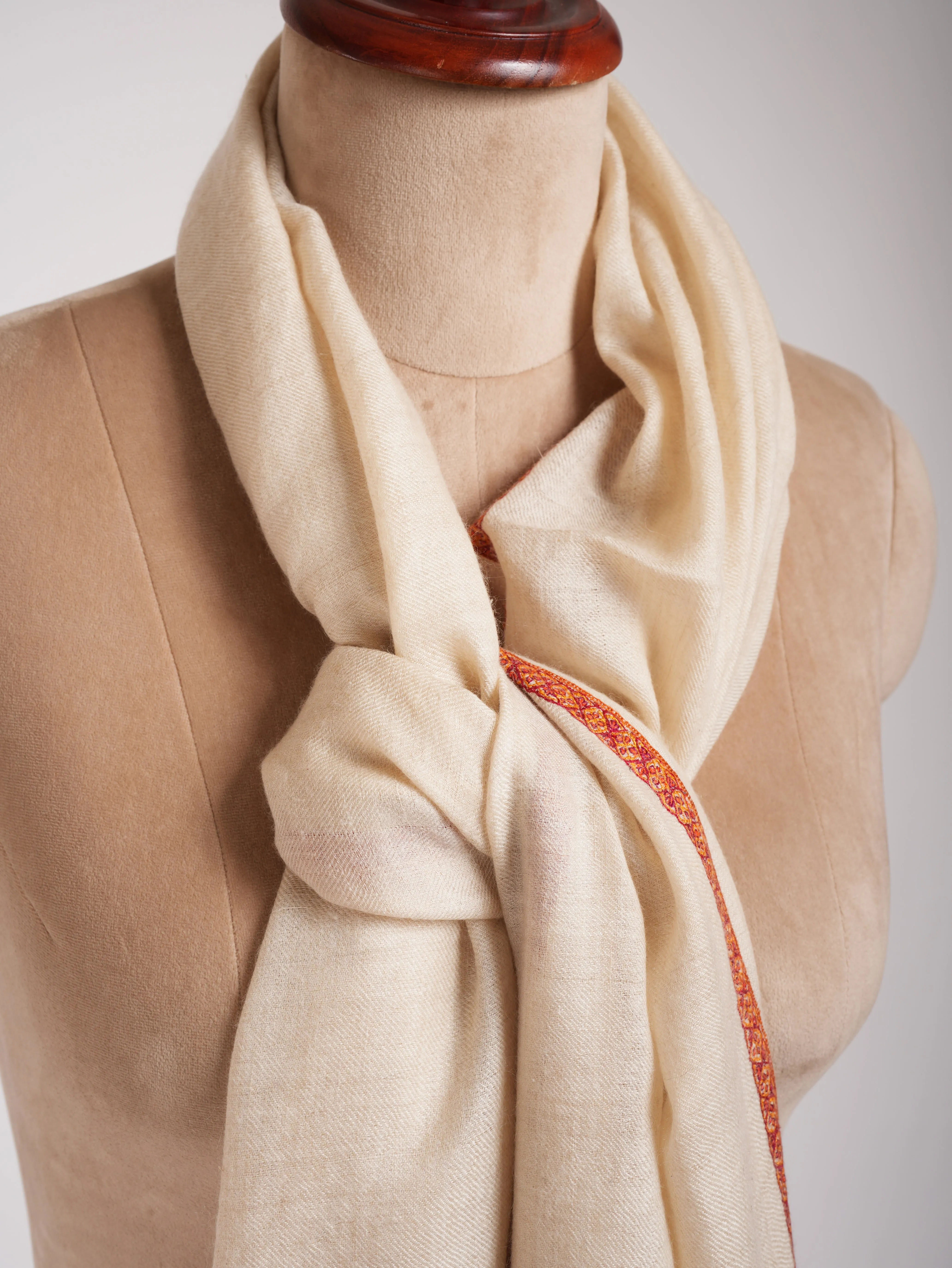 Ivory Beautiful Cashmere Scarf with Hand Embroidery