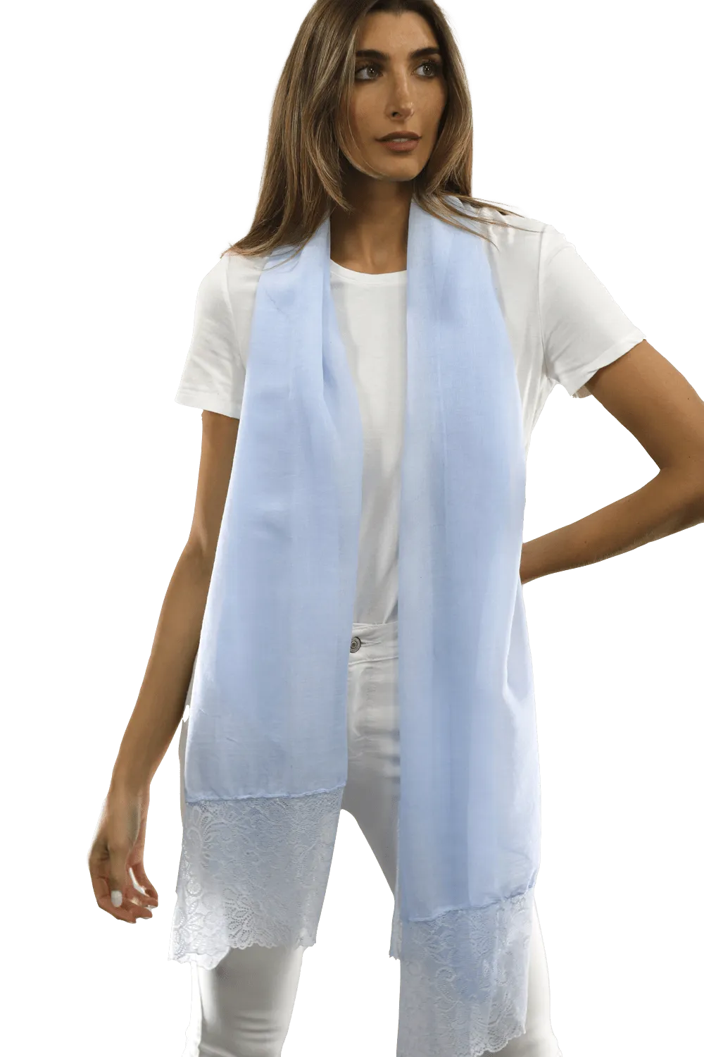 La Fiorentina Embroidery Laced Trim Scarf - Light Blue