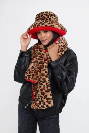 Leopard and Red Fur Scarf and Bucket Hat Multipack