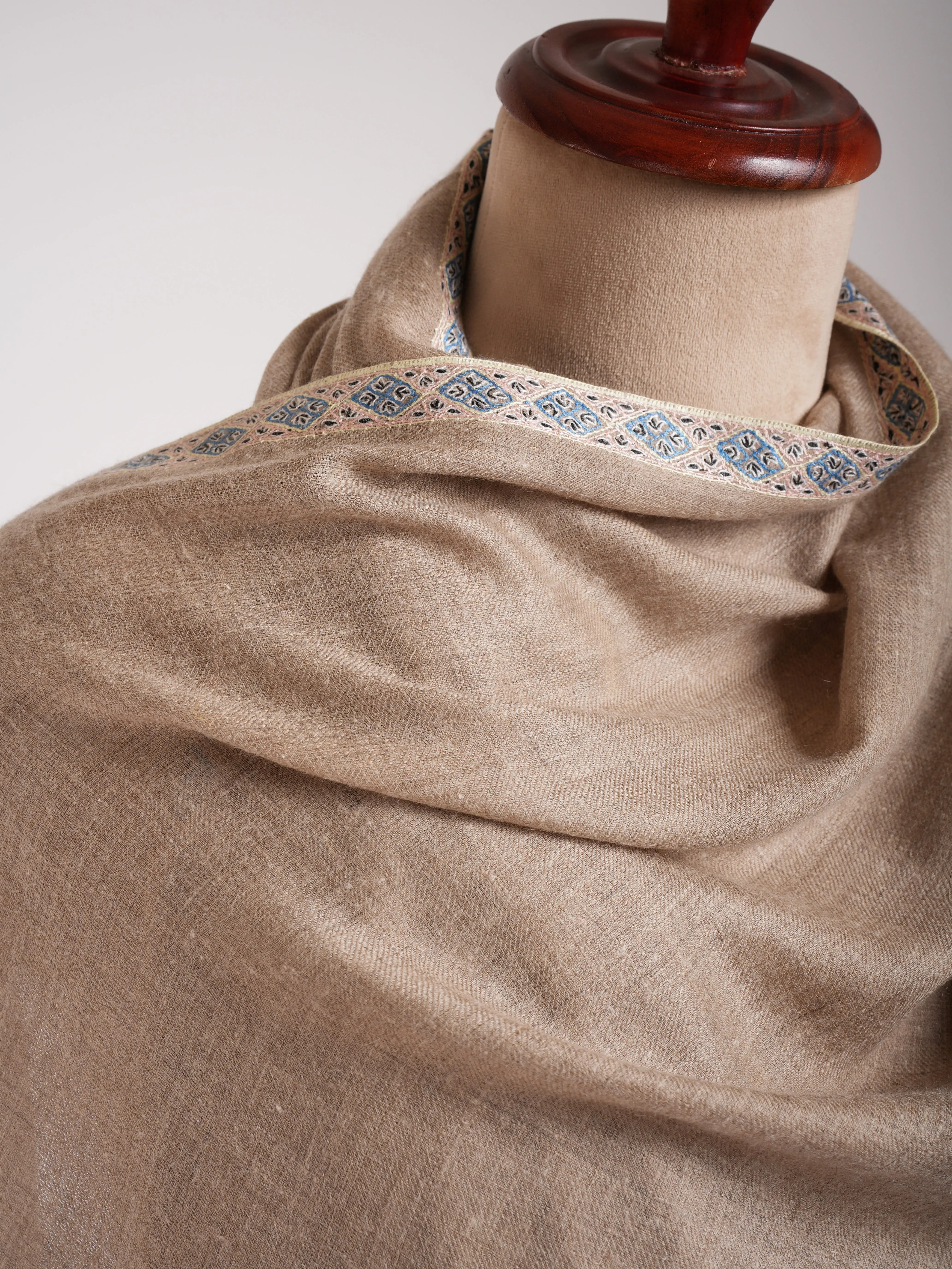 Natural Gray Indian Cashmere Embroidered Scarf