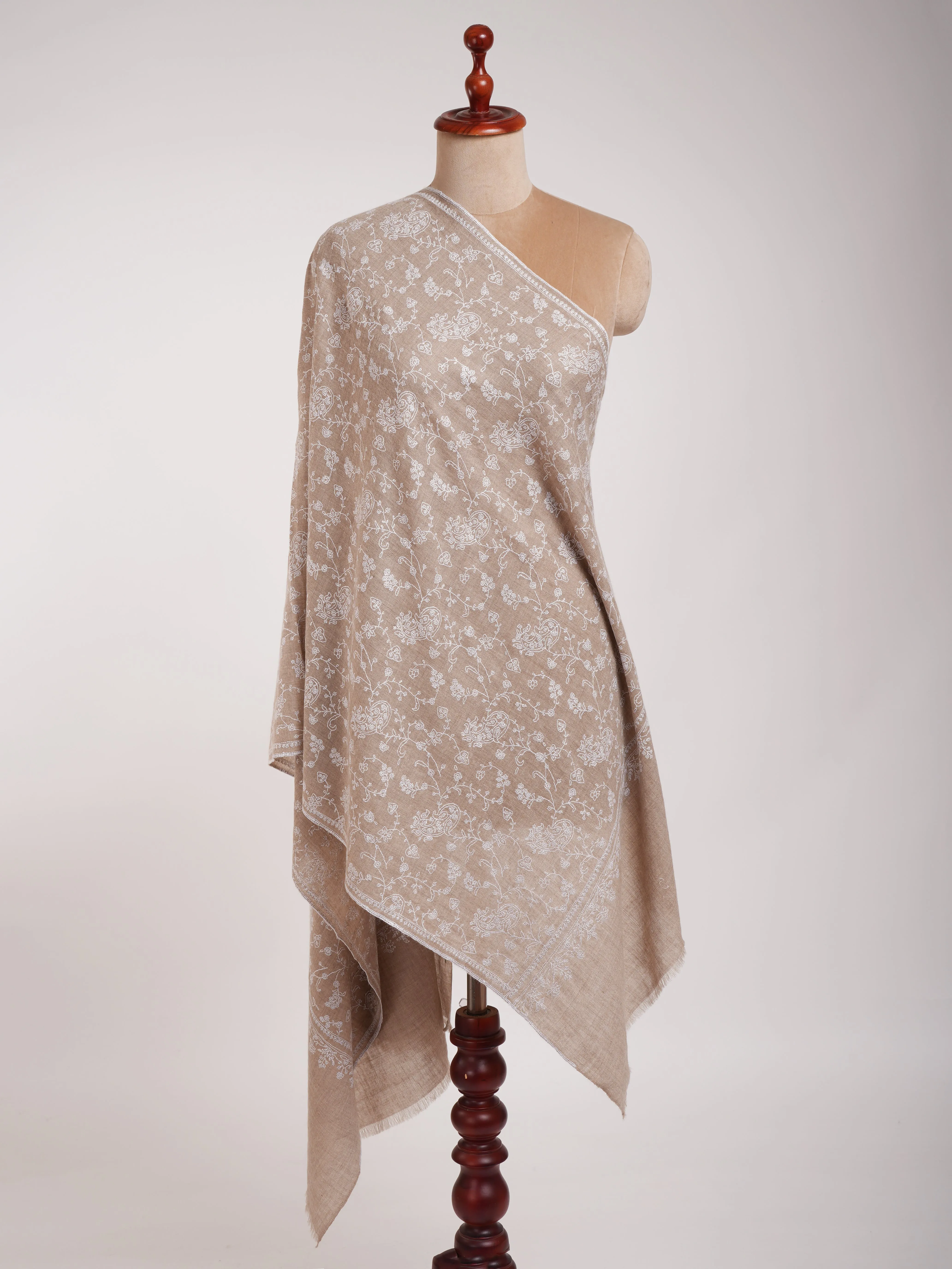 Natural Grey Lightweight in White Embroidery Cashmere Scarf