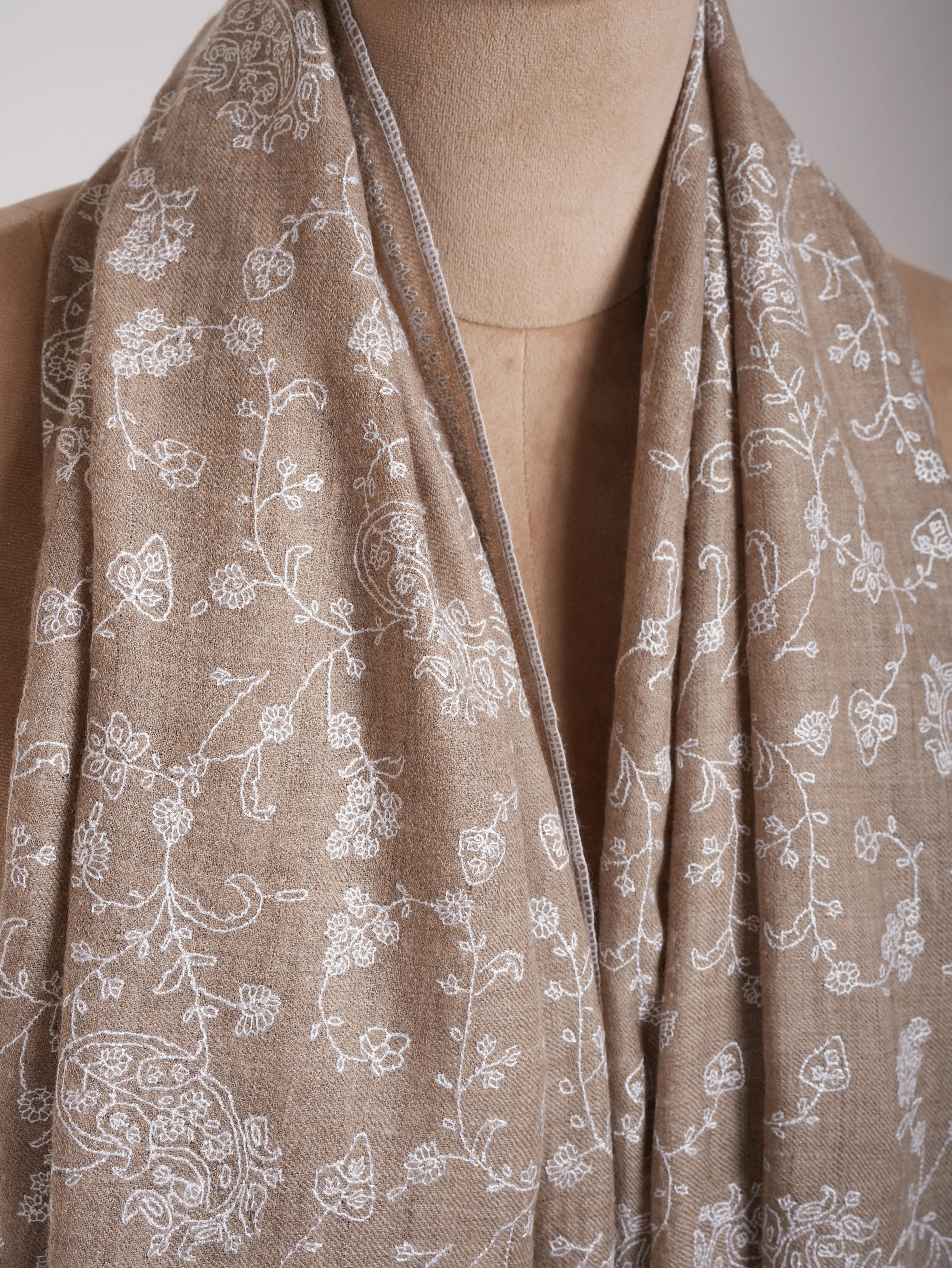 Natural Grey Lightweight in White Embroidery Cashmere Scarf