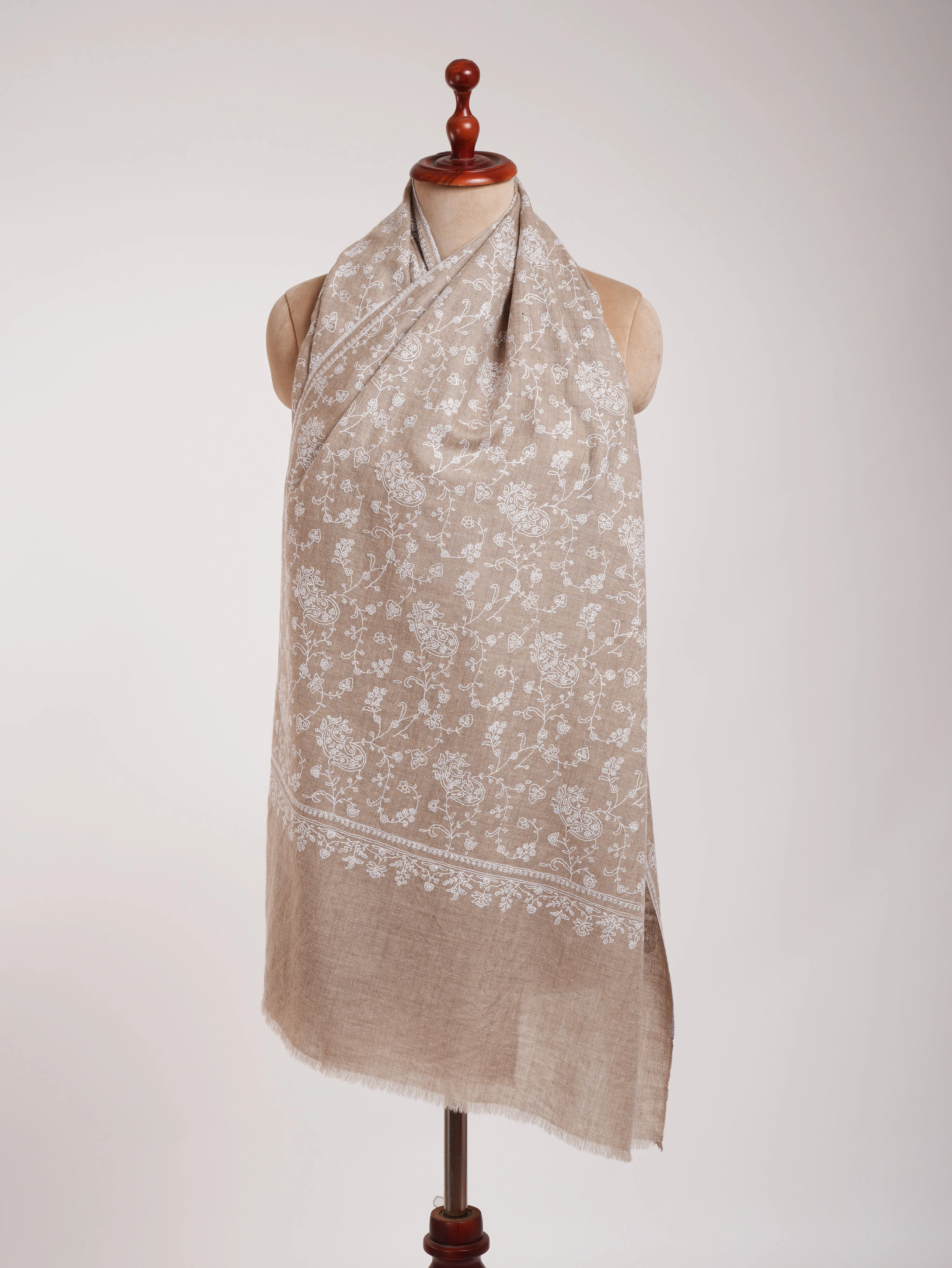 Natural Grey Lightweight in White Embroidery Cashmere Scarf