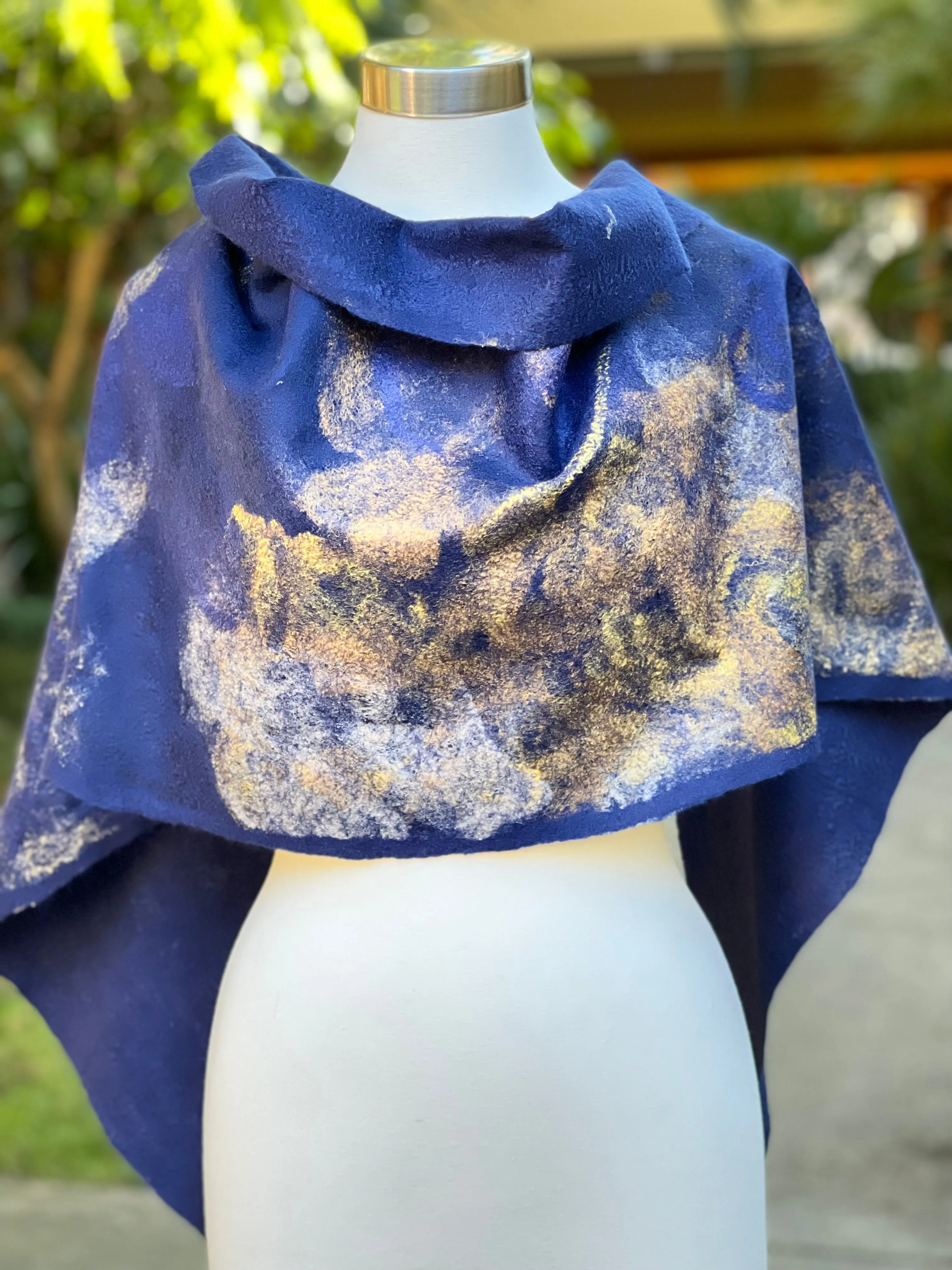 Navy Blue Felted Wool Scarf, Women Felted Scarf, Textured Evening Wrap, Wool Scarf