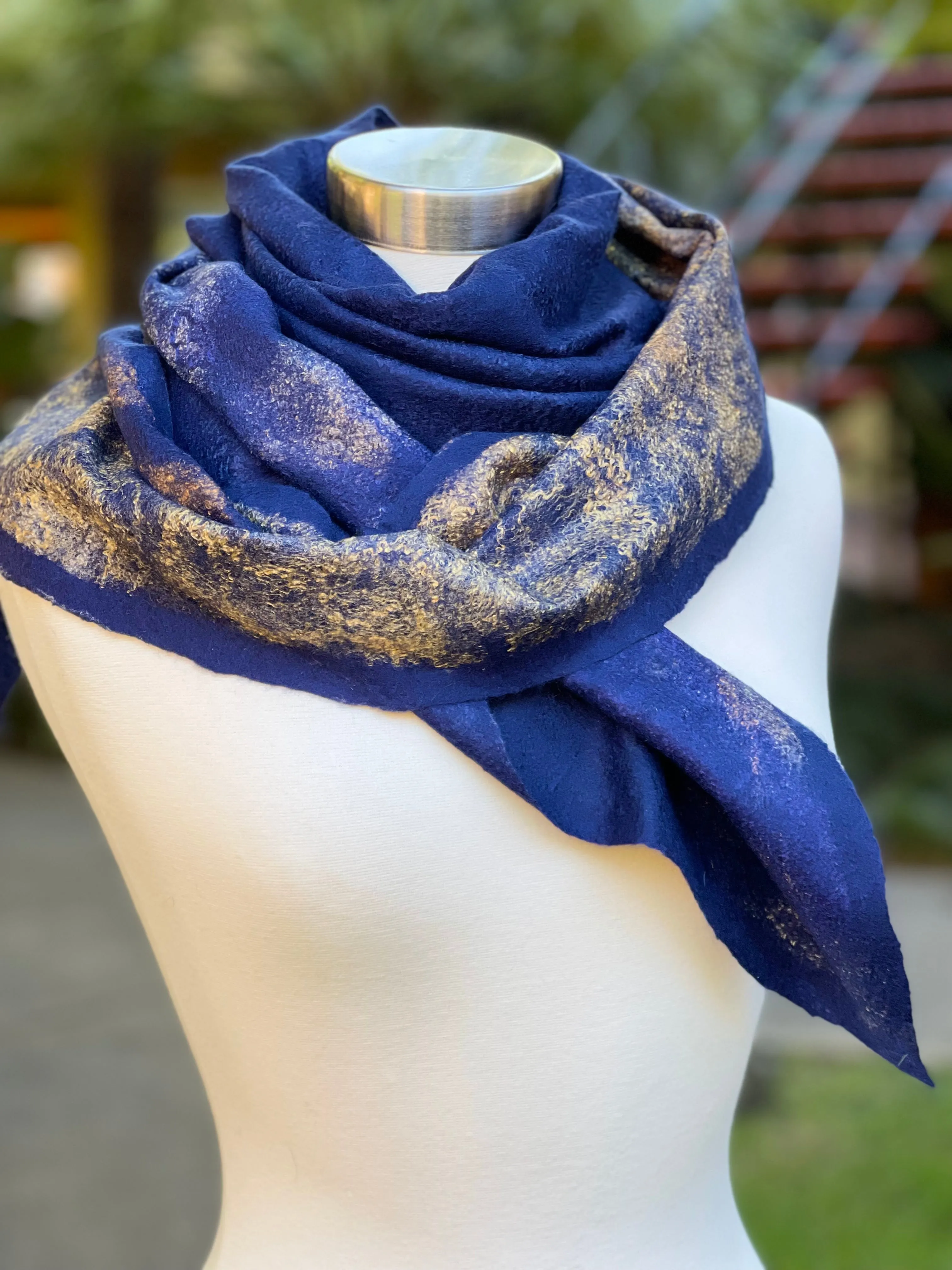 Navy Blue Felted Wool Scarf, Women Felted Scarf, Textured Evening Wrap, Wool Scarf