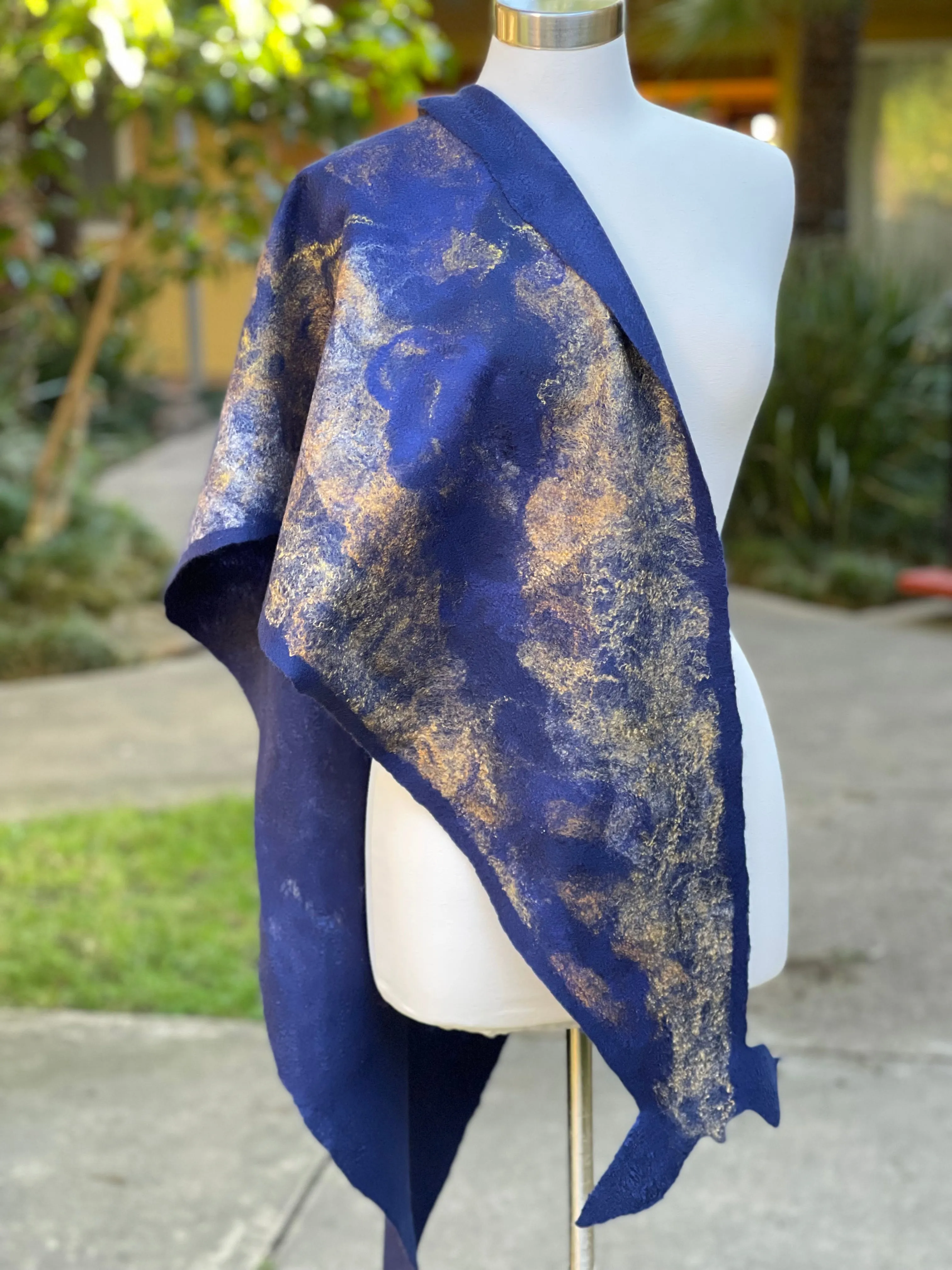 Navy Blue Felted Wool Scarf, Women Felted Scarf, Textured Evening Wrap, Wool Scarf