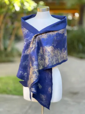 Navy Blue Felted Wool Scarf, Women Felted Scarf, Textured Evening Wrap, Wool Scarf