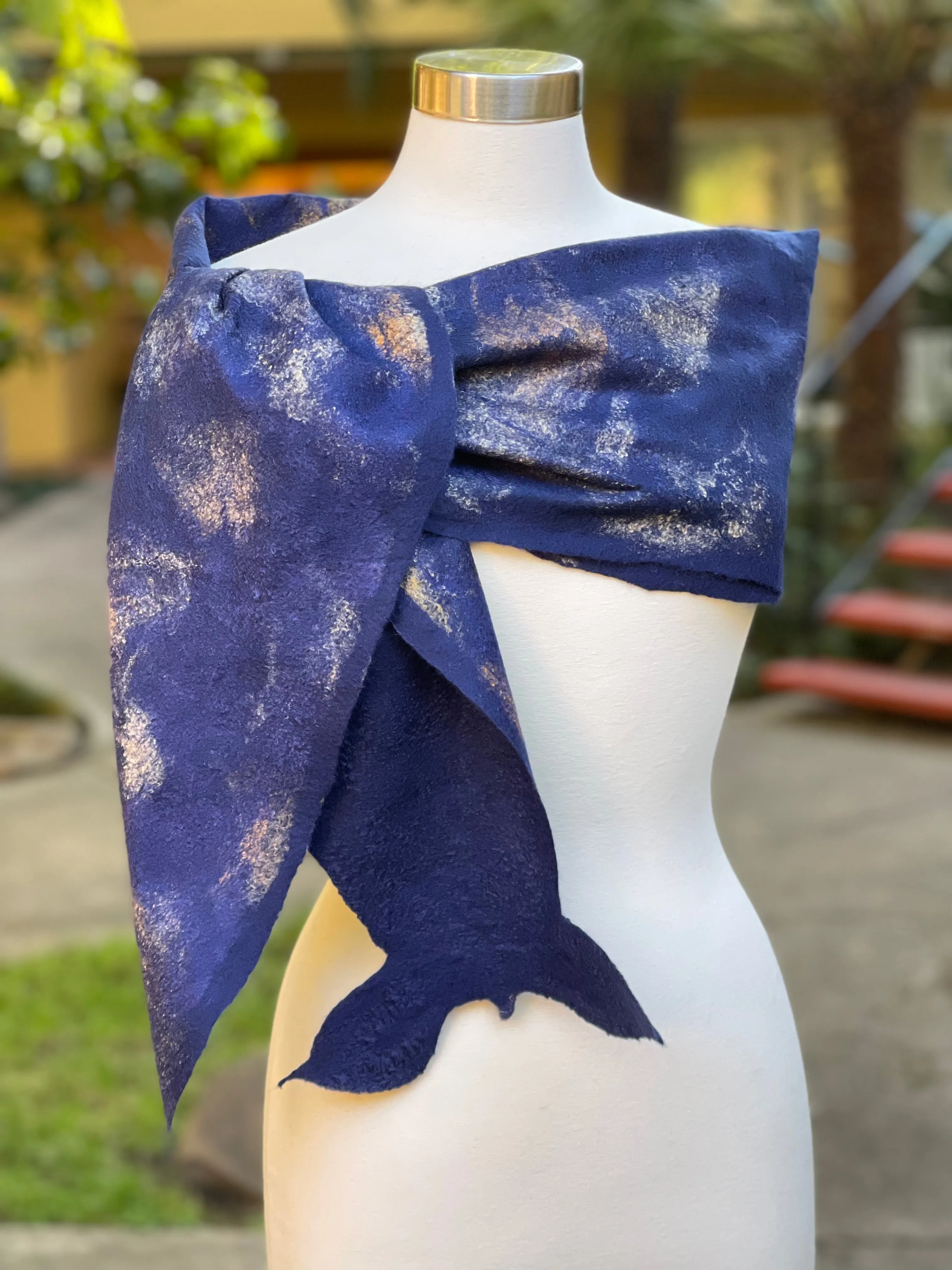 Navy Blue Felted Wool Scarf, Women Felted Scarf, Textured Evening Wrap, Wool Scarf