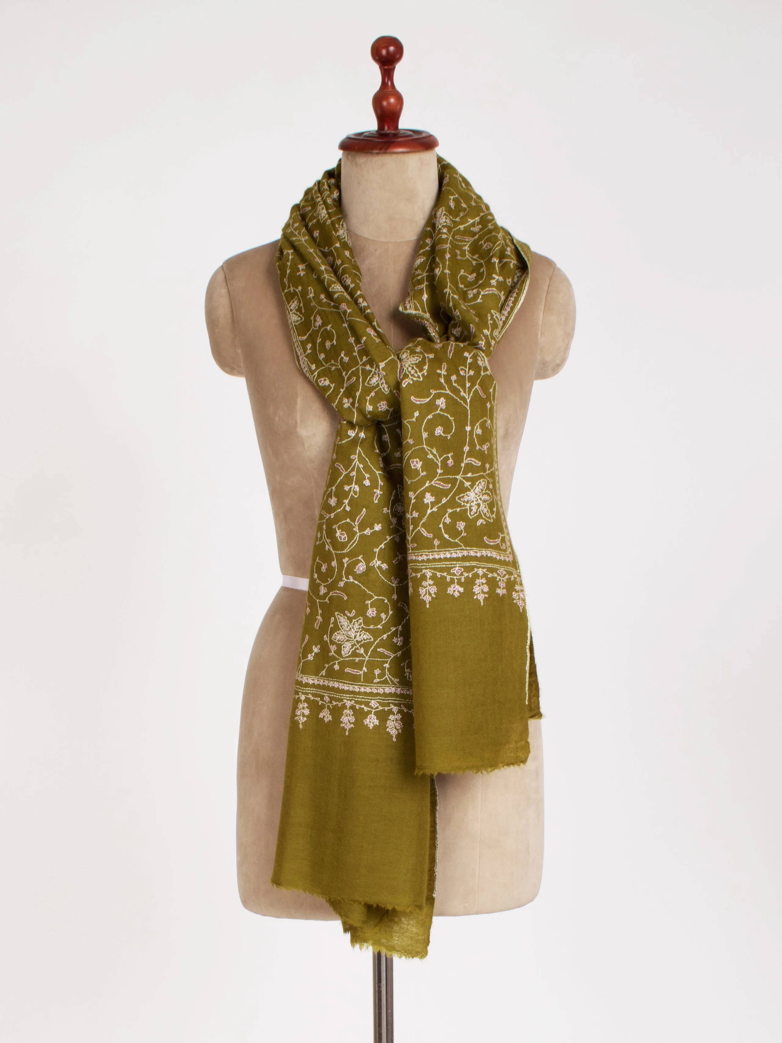 Olive Green Sozni Embroidered Cashmere Gift Scarf