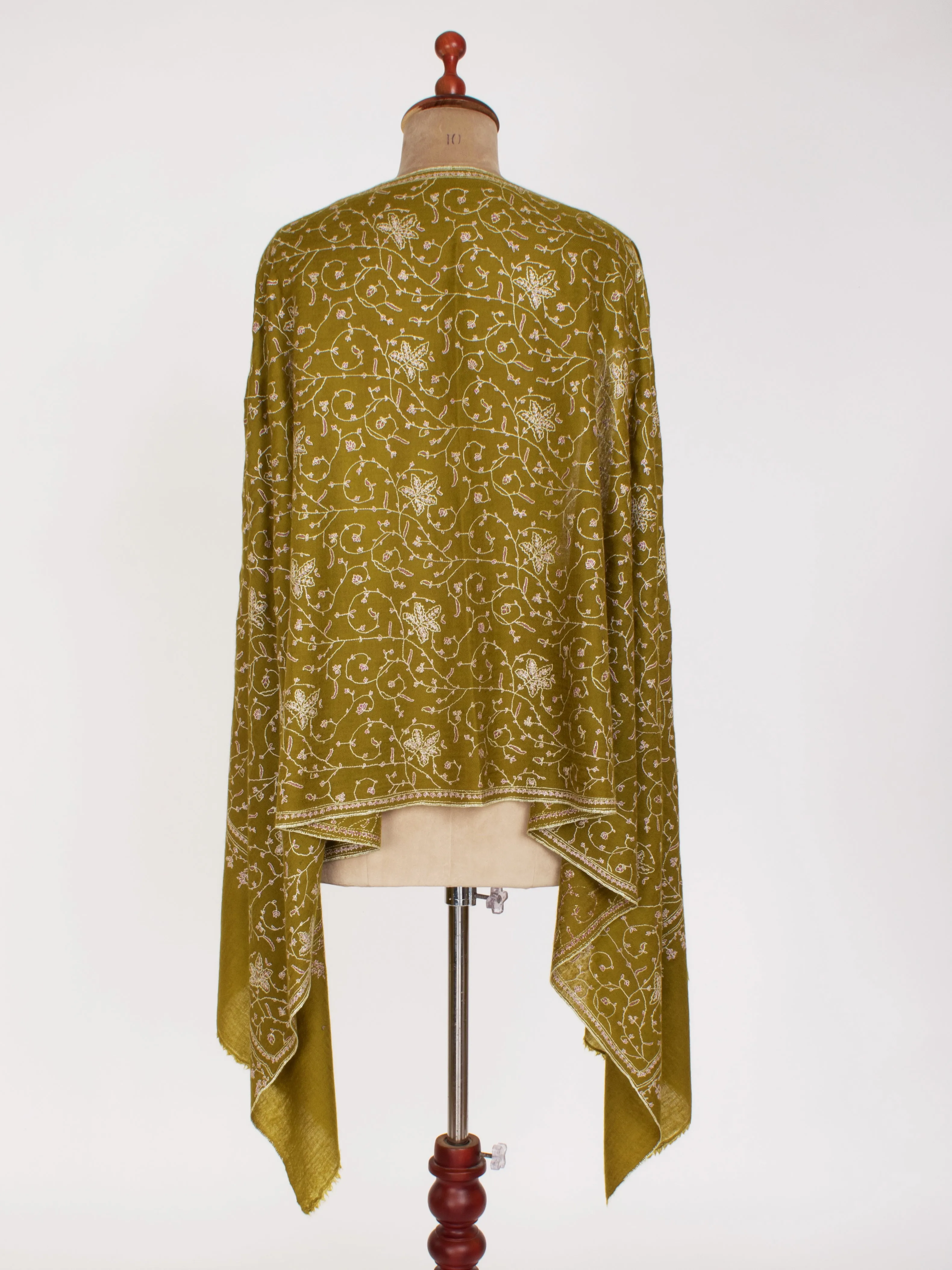 Olive Green Sozni Embroidered Cashmere Gift Scarf