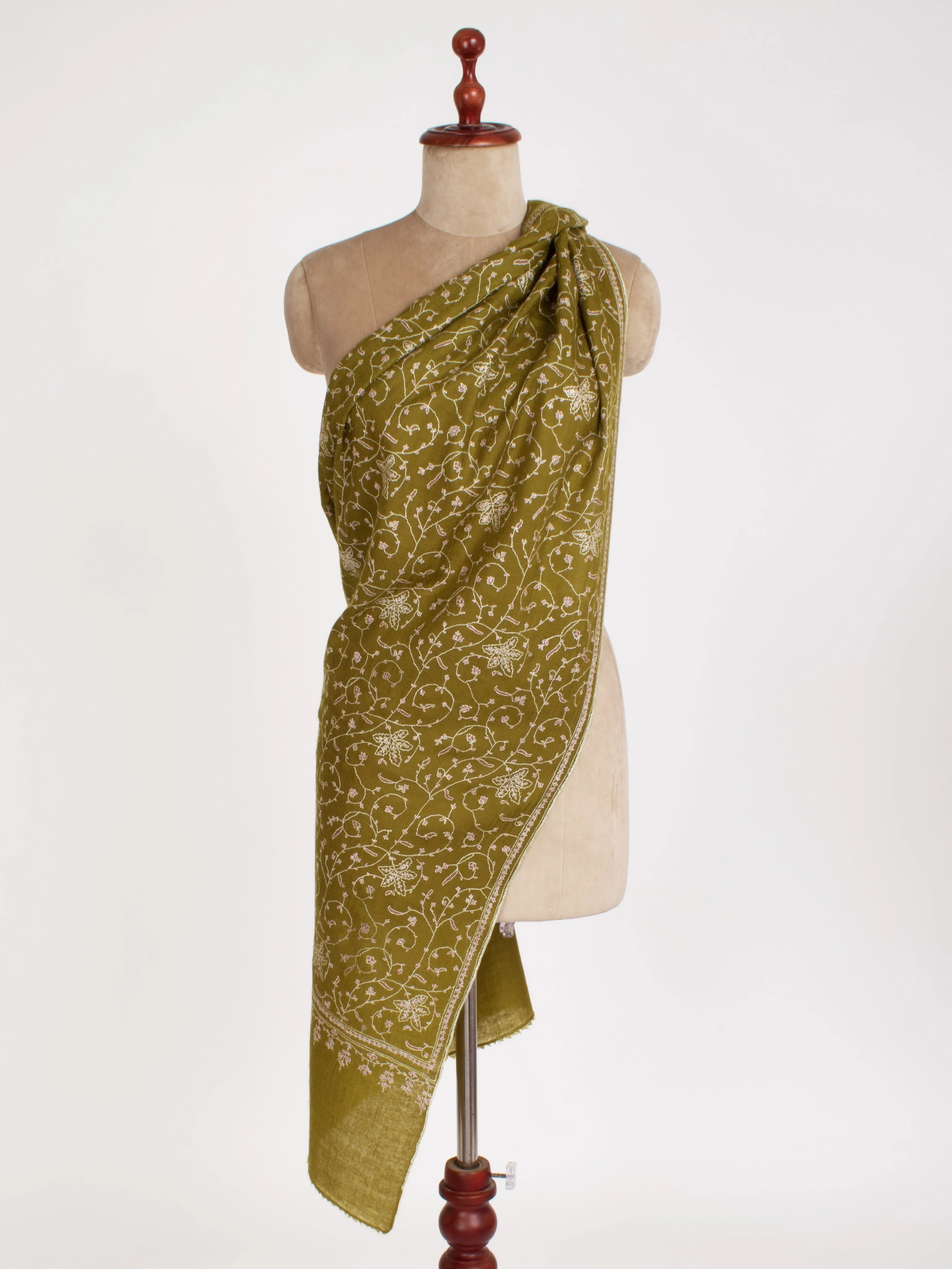 Olive Green Sozni Embroidered Cashmere Gift Scarf