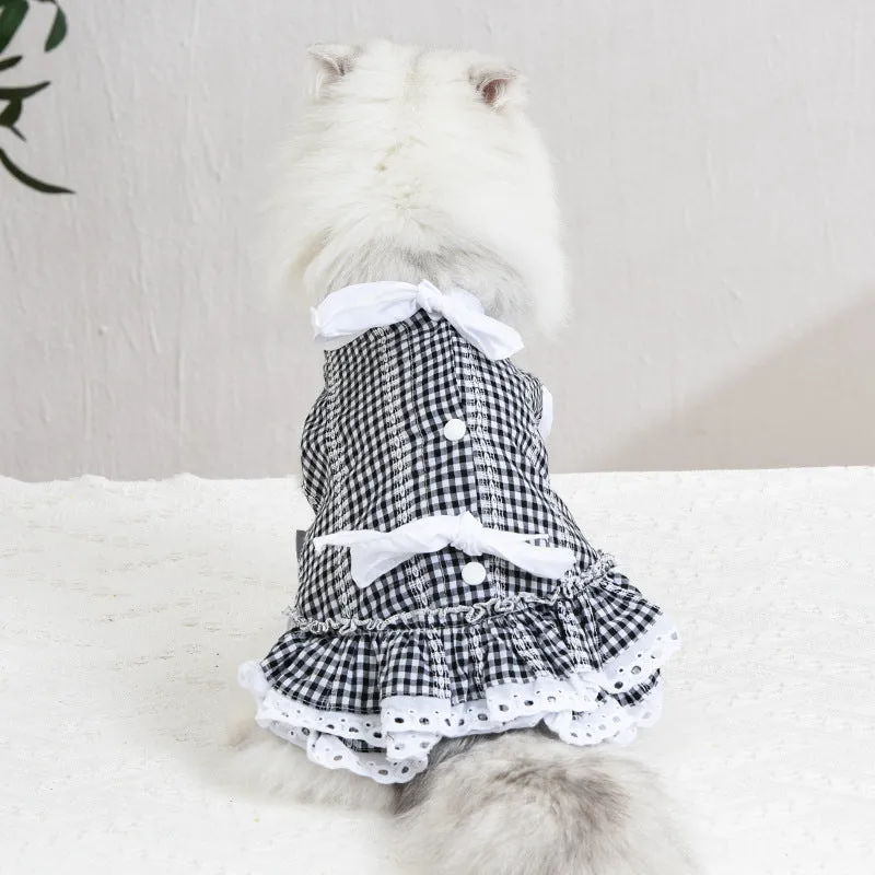 Pet Clothes Spring and Summer Cat Clothing Lace Tartan Skirt