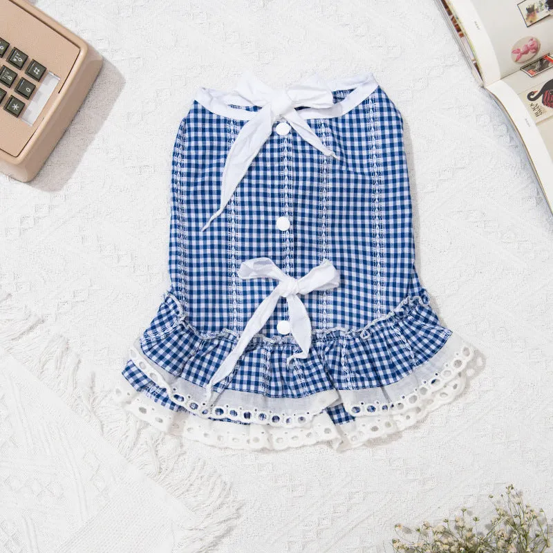 Pet Clothes Spring and Summer Cat Clothing Lace Tartan Skirt