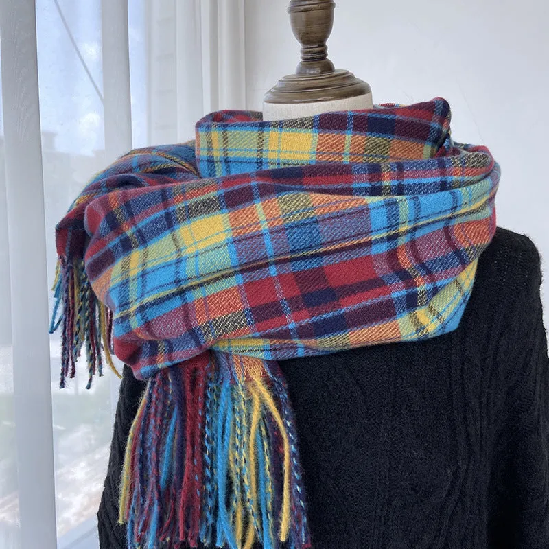 Plaid scarf women's autumn and winter fashion warm imitation cashmere scarf mid-length fringed shawl