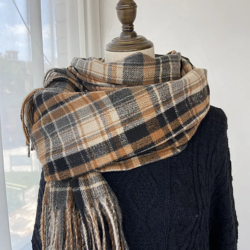 Plaid scarf women's autumn and winter fashion warm imitation cashmere scarf mid-length fringed shawl