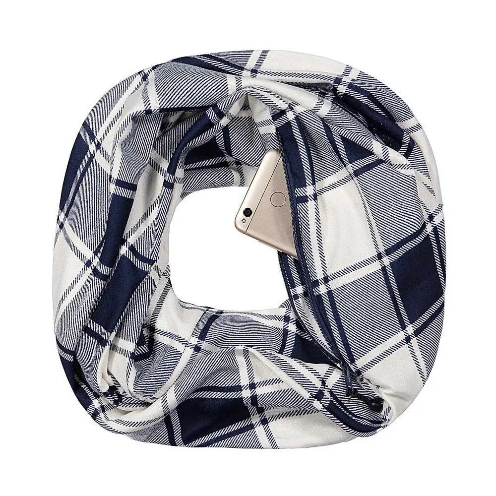 Pop Fashion Checkmate Hidden Pocket Scarf - Lightweight Plaid Infinity Scarves with Zipper Pockets