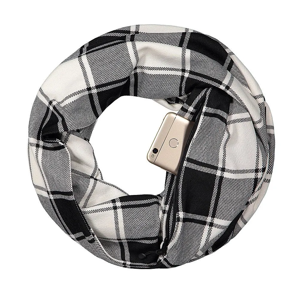 Pop Fashion Checkmate Hidden Pocket Scarf - Lightweight Plaid Infinity Scarves with Zipper Pockets