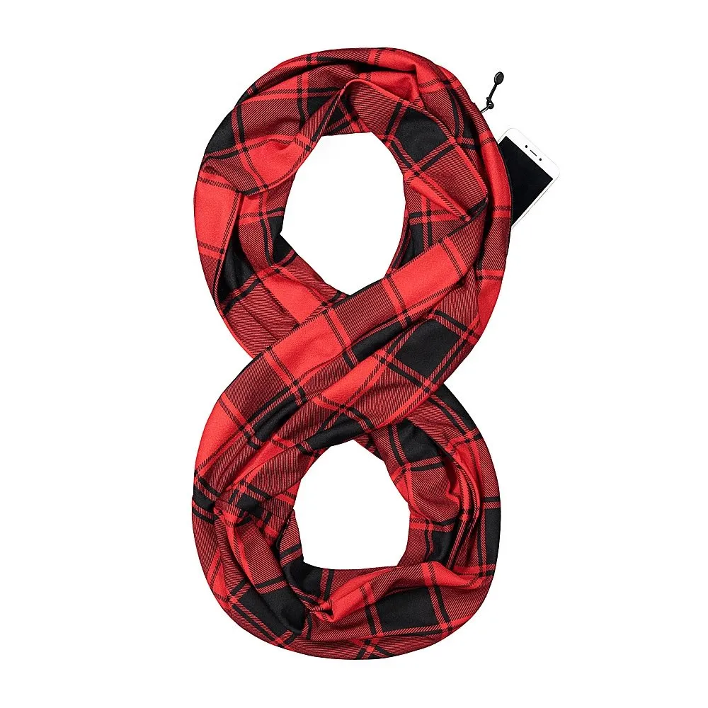 Pop Fashion Checkmate Hidden Pocket Scarf - Lightweight Plaid Infinity Scarves with Zipper Pockets