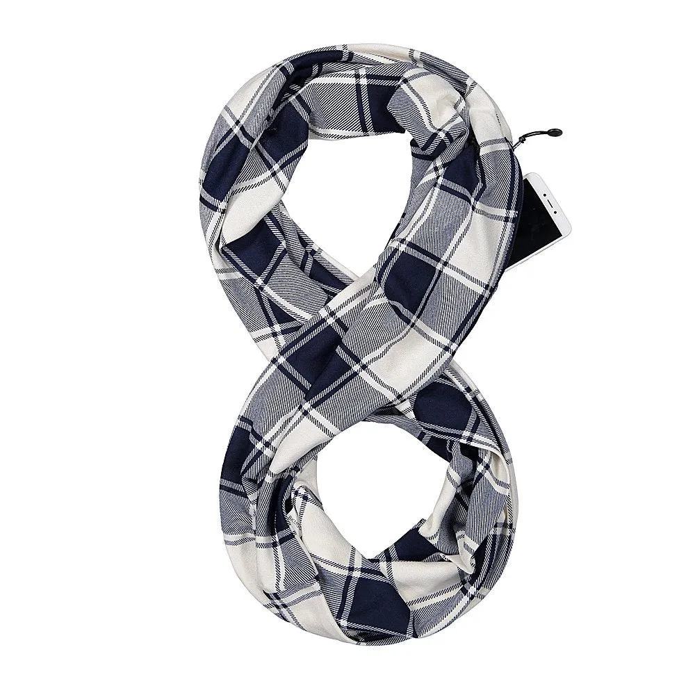 Pop Fashion Checkmate Hidden Pocket Scarf - Lightweight Plaid Infinity Scarves with Zipper Pockets