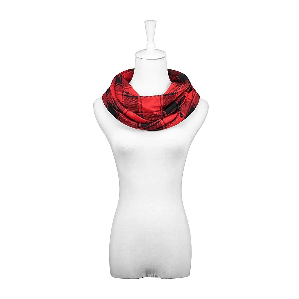 Pop Fashion Checkmate Hidden Pocket Scarf - Lightweight Plaid Infinity Scarves with Zipper Pockets