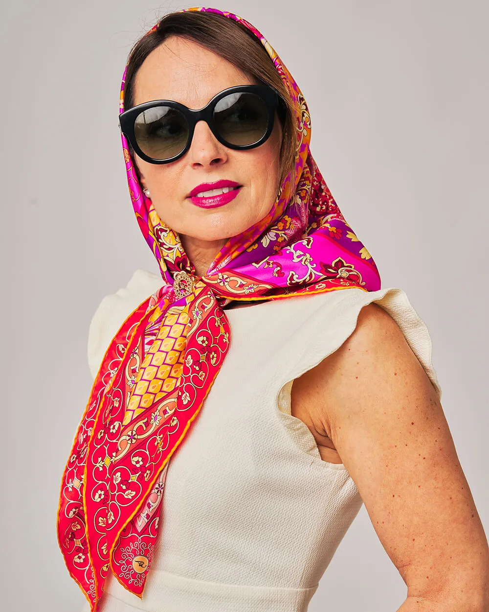 Porta Catania Porta Messina Orange and Pink Silk Twill Scarf and Ring