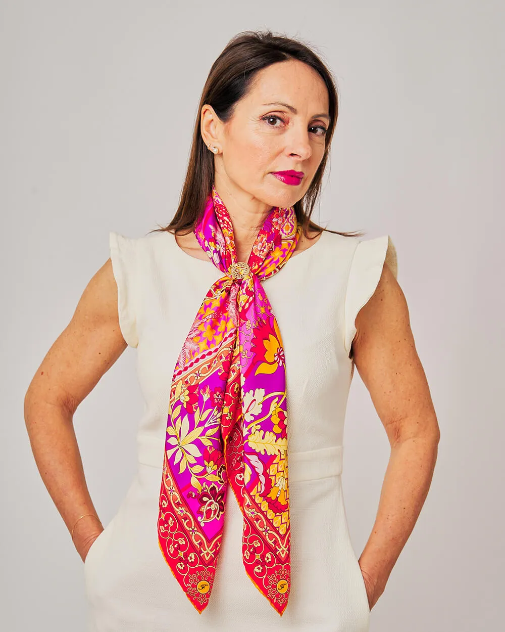 Porta Catania Porta Messina Orange and Pink Silk Twill Scarf and Ring