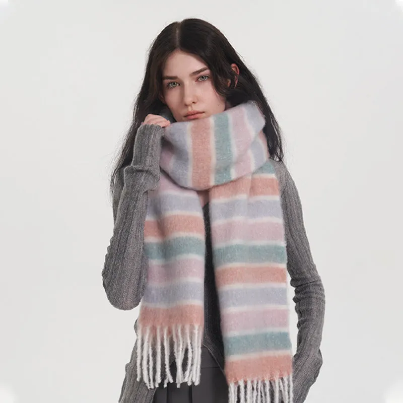 Retro Colorful Striped Tassel Thick Warm Dopamine Scarf