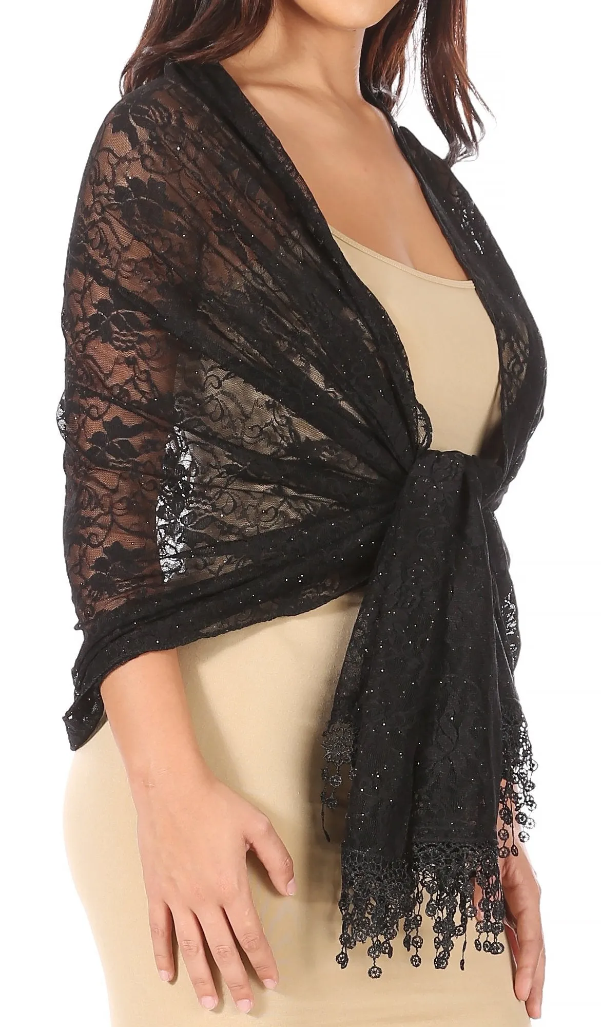 Sakkas Mari Women's Large Lightweight Soft Lace Scarf Wrap Shawl Floral and Fringe