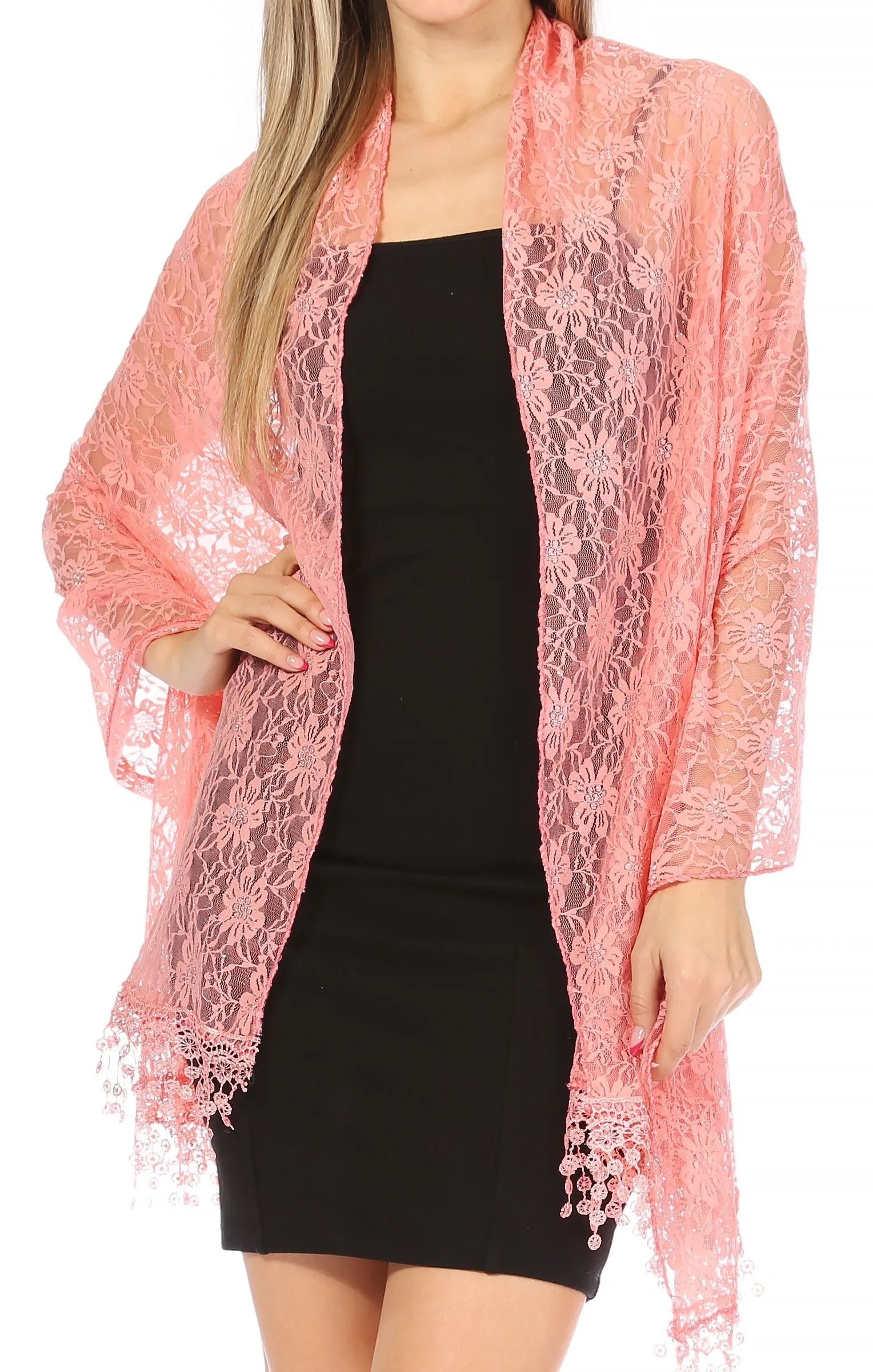 Sakkas Mari Women's Large Lightweight Soft Lace Scarf Wrap Shawl Floral and Fringe